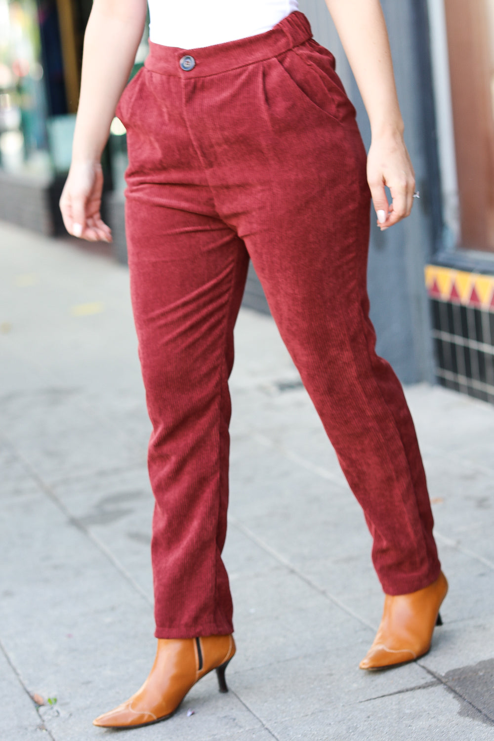 Going Your Way Burgundy Corduroy High Rise Tapered Pants for Women - Stylish Fall Winter Casual Office Pants