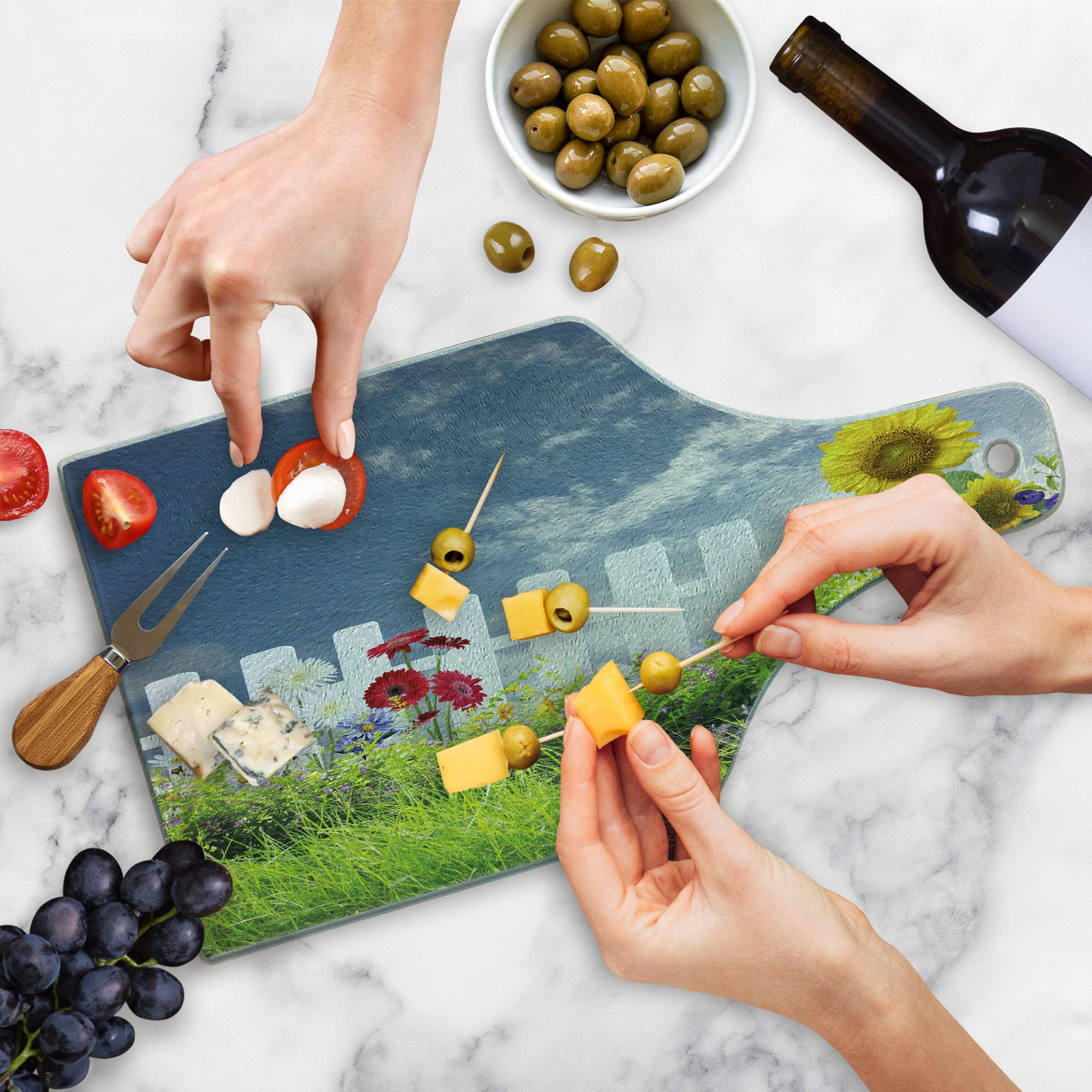Ambesonne Rustic Cutting Board - Sunflower Daisy Hedge Fence Design on Tempered Glass, Decorative Serving Board for Kitchen, Charcuterie & Wine (Wine Bottle Shape, White Green Blue) - Perfect for Farmhouse Decor, Cheese Platters & Entertaining