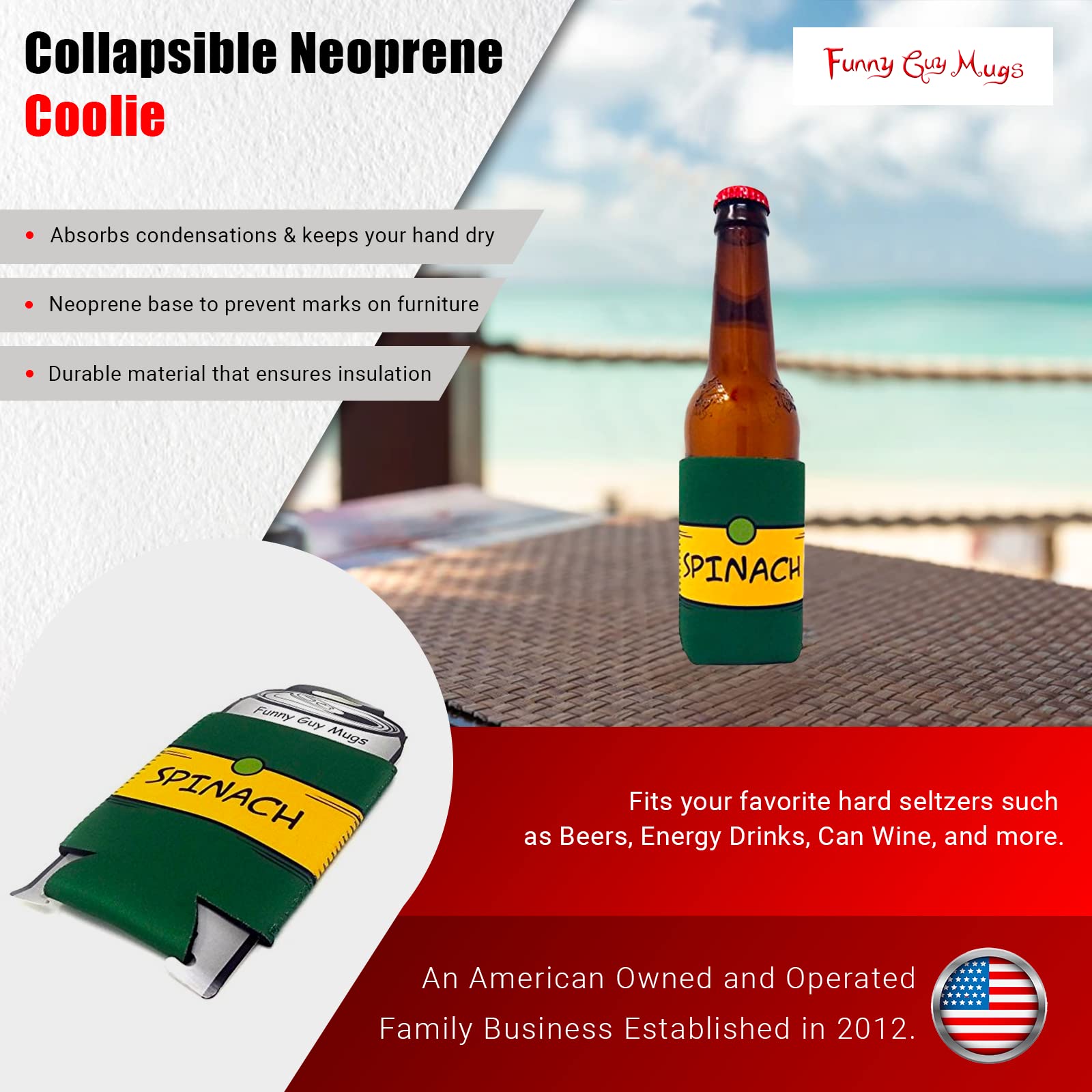 Funny Guy Spinach Collapsible Neoprene Can Cooler - Insulated Drink Holder for Beer, Soda & Beverages - Perfect for Parties, BBQs, Beach & Outdoor Activities