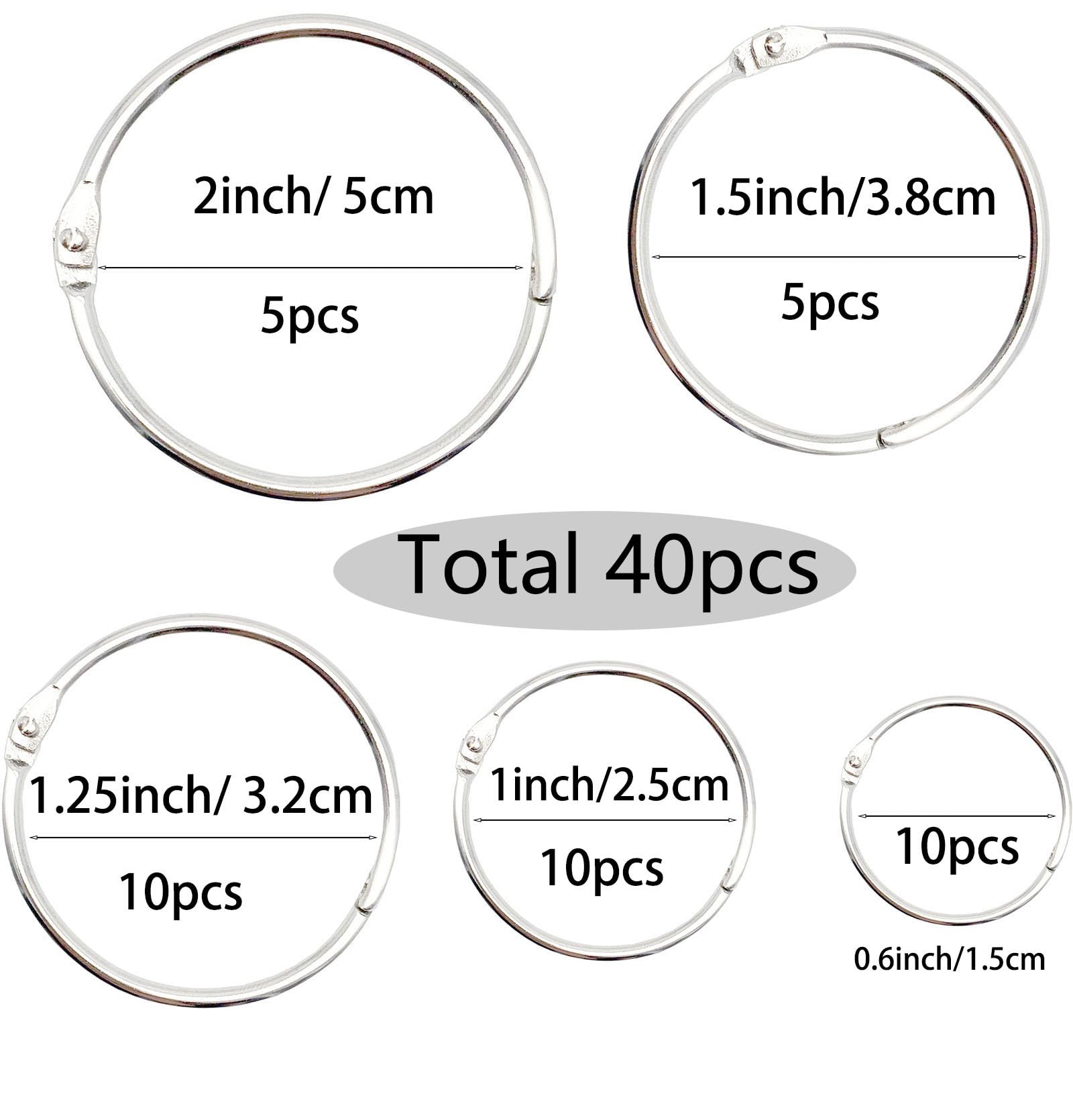 40Pcs Assorted Size Binder Rings - Loose Leaf Binder Rings for Notebooks, Paper Cards, Key Chains - Perfect for School, Office & Craft Projects (Silver, 40 Pieces)