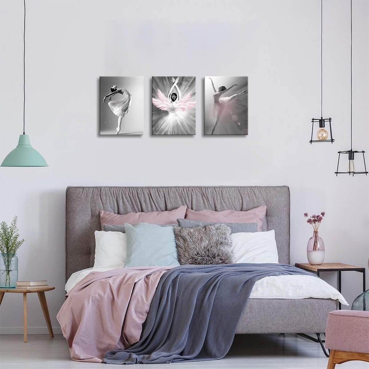 Ballet Dancer Wall Art Set - 3 Piece Black & White with Pink Canvas Prints (12x16 Inch) for Girls Bedroom Decor, Home Wall Decorations | Perfect for Nursery, Teen Room & Dance Studio Aesthetic