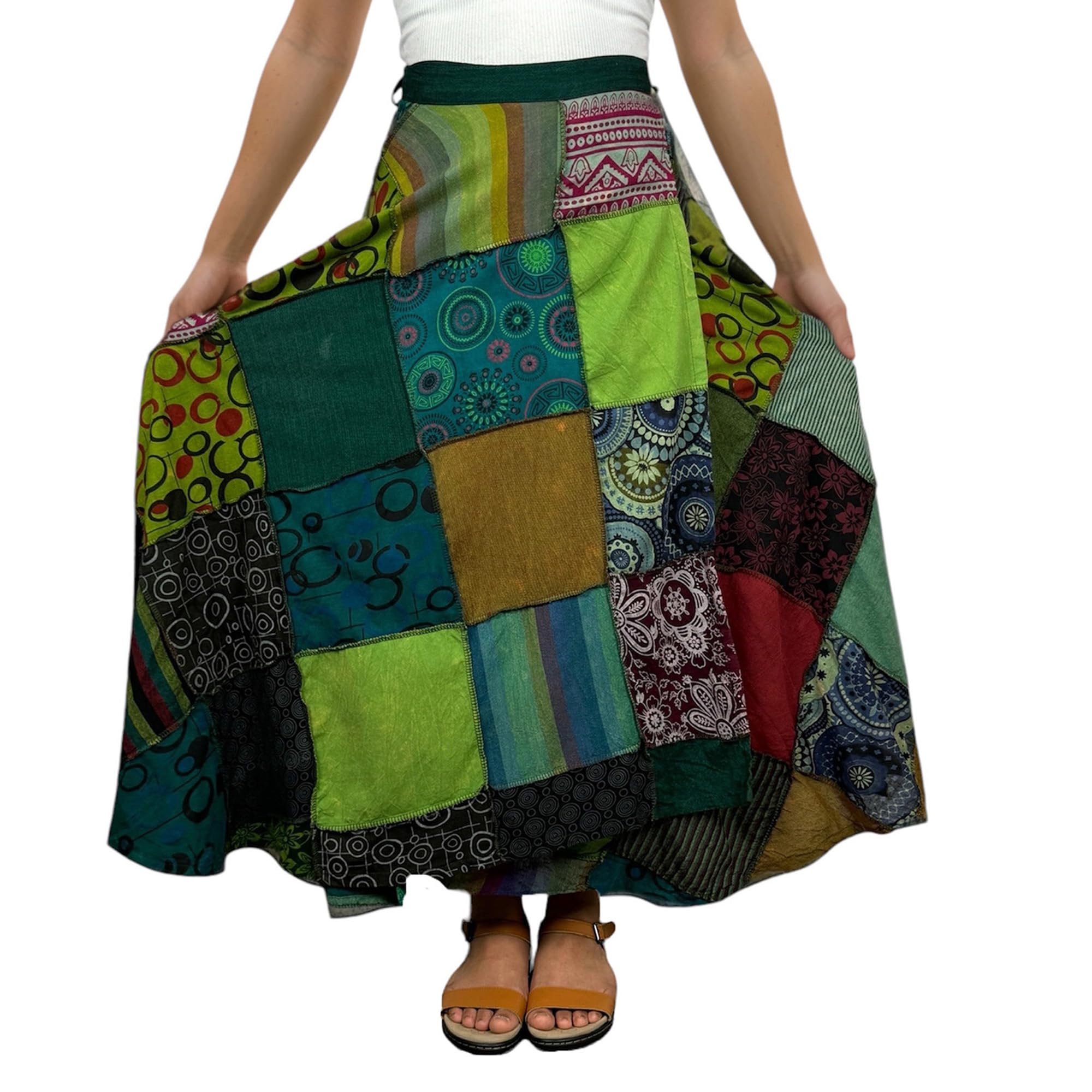 Agan Traders Women's 2025 Spring & Fall Bohemian Maxi Skirt - High Waisted Patchwork Wrap Long Skirt with Tie Up, Perfect for Beach, Music Festivals & Boho Chic Outfits