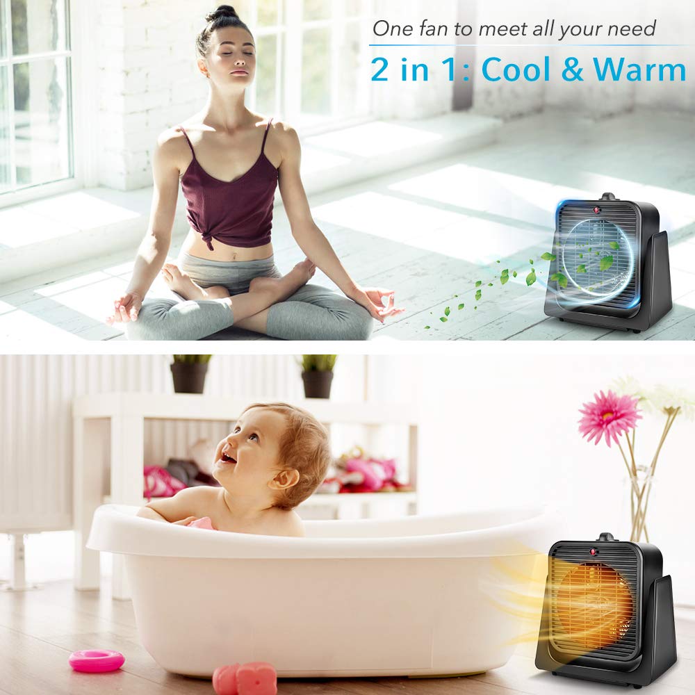 TRUSTECH 2-in-1 Portable Fan and Heater Combo - 45° Tilt Adjustable Air Circulator with 2 Speed Settings | Overheat & Tip-Over Protection | Compact Space Heater & Cooling Desk Fan for Home, Office, Bedroom, Dorm | Perfect for Year-Round Comfort in Small Spaces (Black)