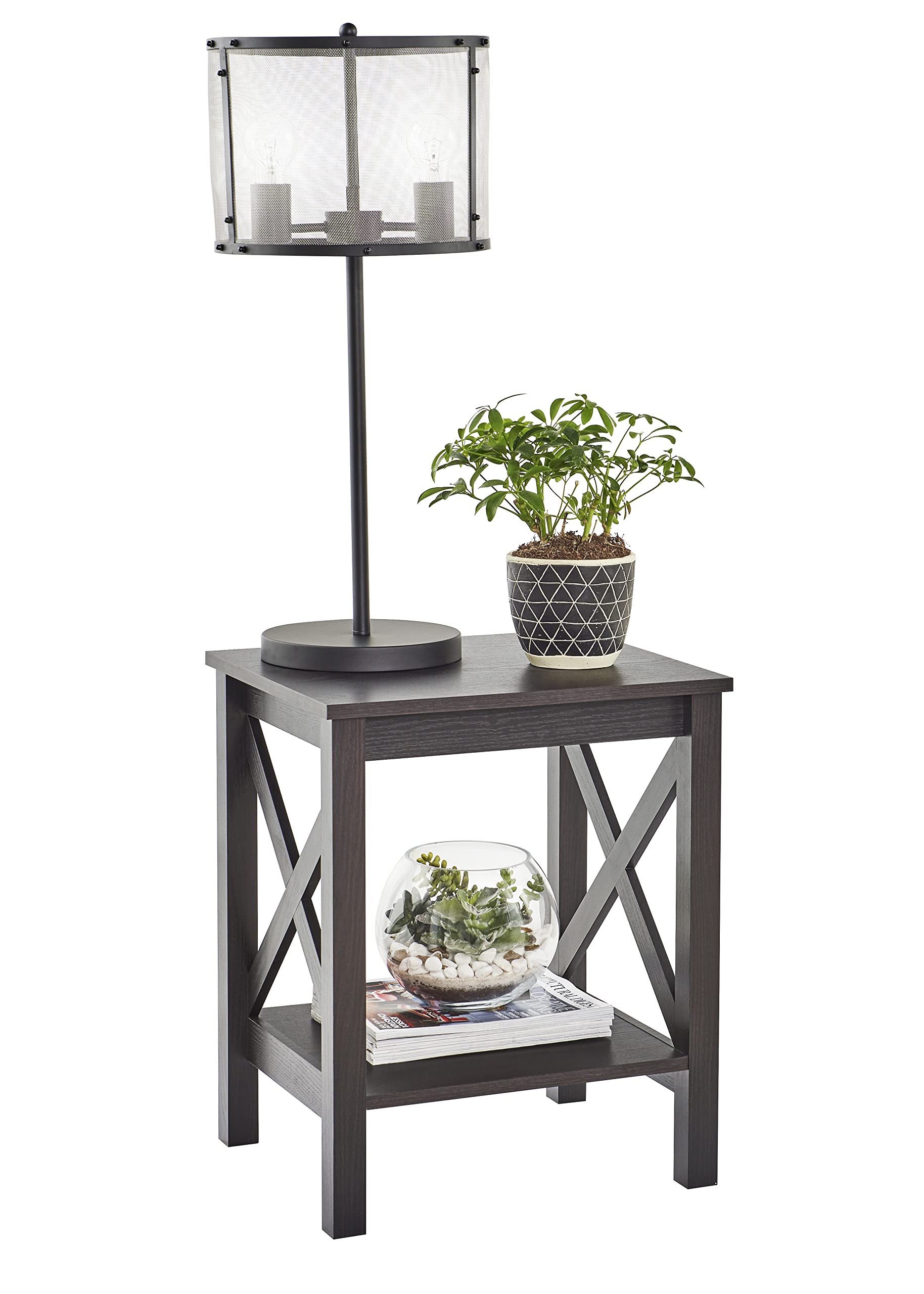 ClosetMaid 3905 X-Frame Side Table or End Table with Shelf - Black Walnut Wood Nightstand for Bedroom, Living Room & Office Furniture