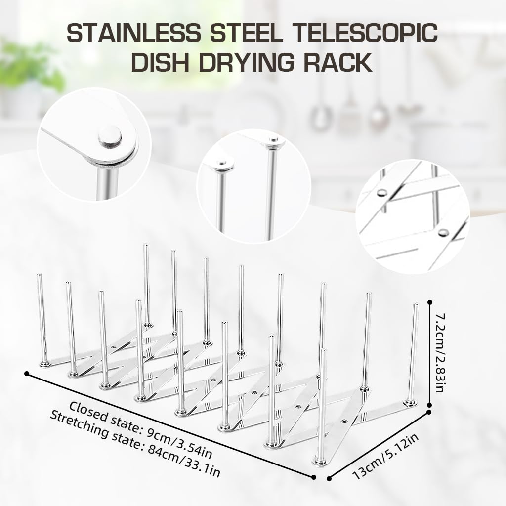 ZIBUYU® Retractable Dish Drain Rack - Stainless Steel Kitchen Organizer for Pans, Pots & Lids - Space Saving Dish Drying Rack for Countertop - Perfect for Small Kitchens, Apartments & RVs