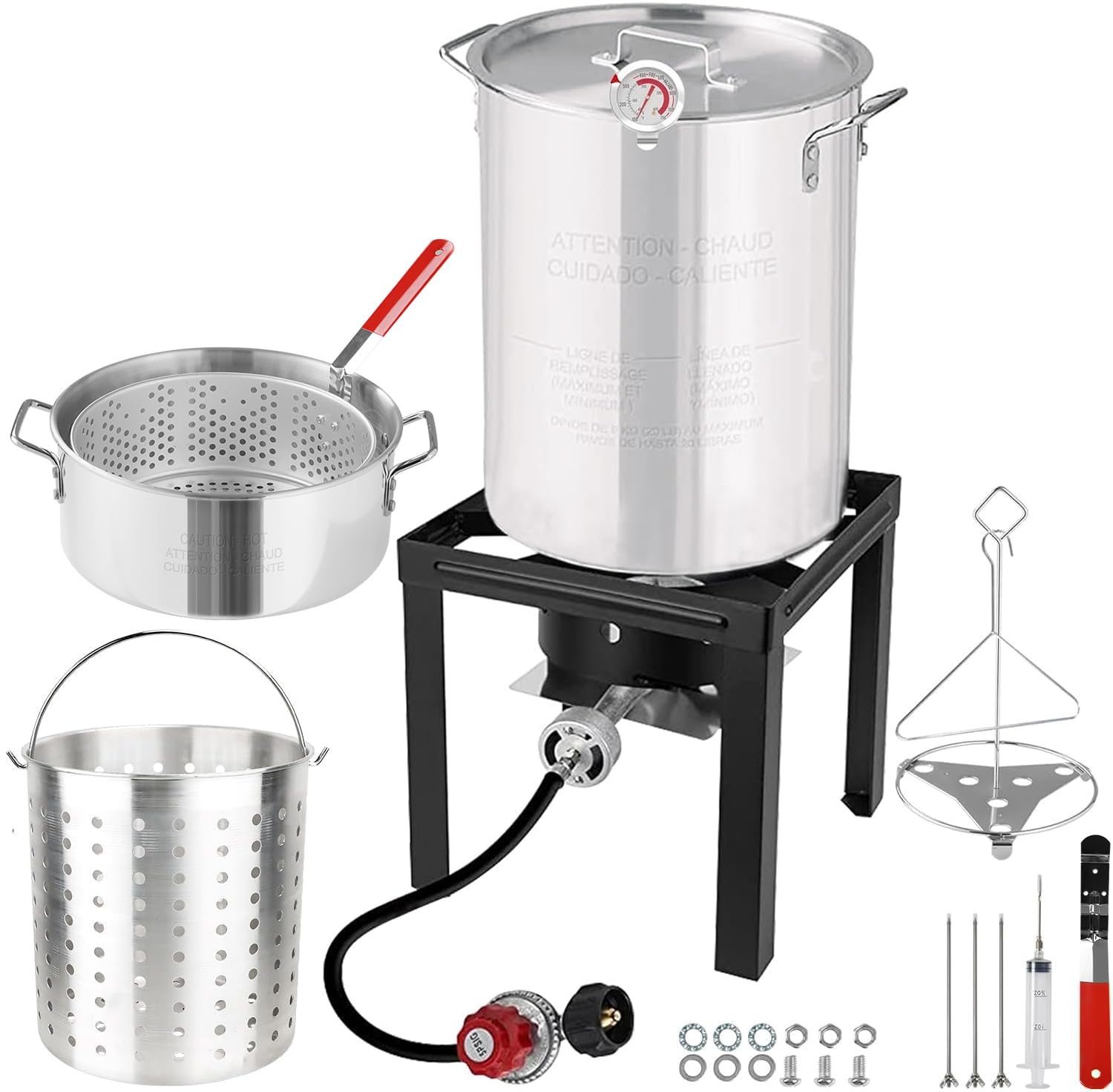 30QT & 10QT Deep Turkey Fryer Set with Basket - Seafood Boil Pot, Crawfish Boiler Kit with Large Steamers & 54,000BTU High Output Burner for Outdoor Cooking, Camping, Thanksgiving Parties, Backyard Gatherings and Family BBQs