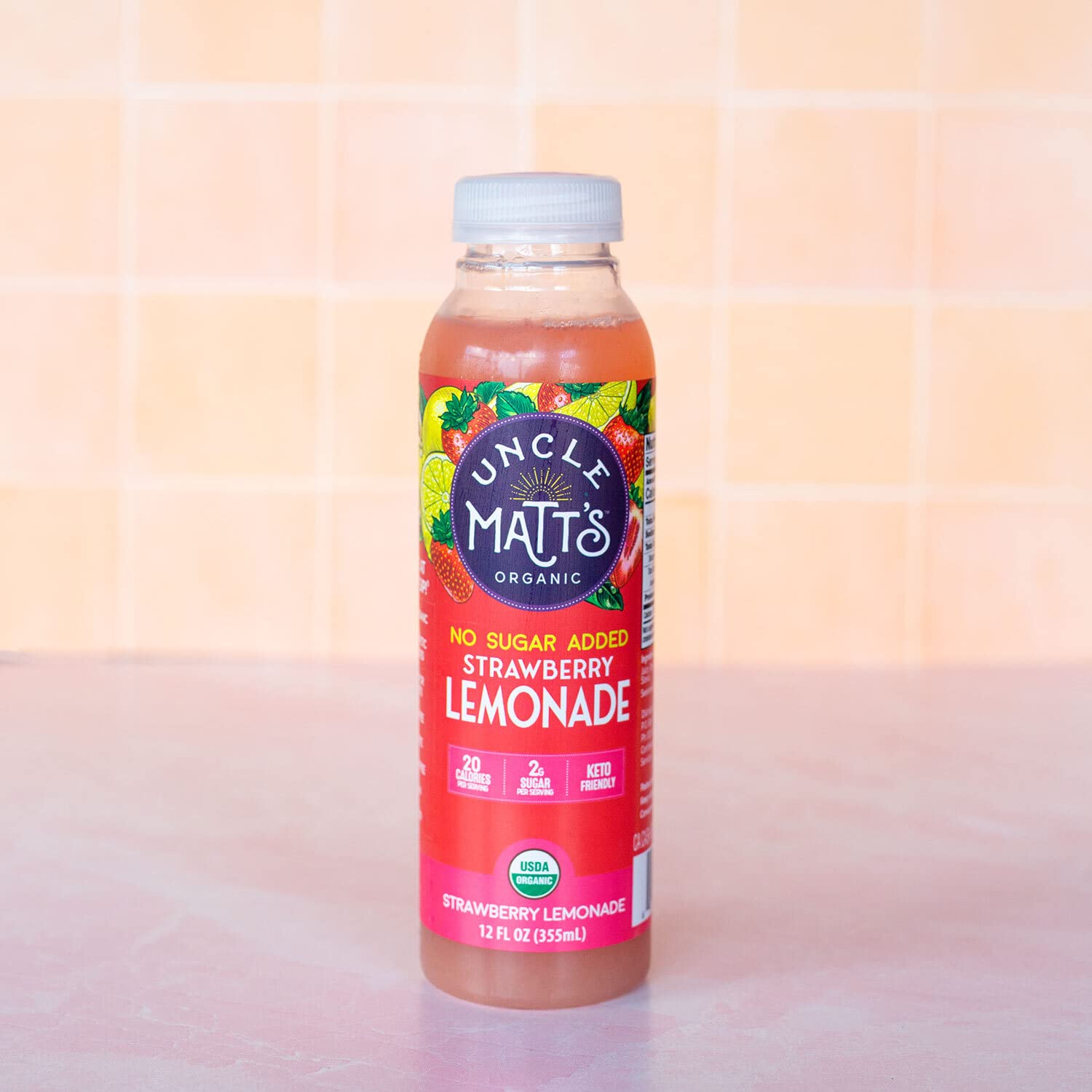 Uncle Matt’s Organic Strawberry Lemonade Juice - No Sugar Added, Made with Organic Lemons, Strawberries & Stevia, Only 20 Calories & 2g Fruit Sugar per Serving, 12-Pack of 12 oz Bottles | Perfect for Kids Lunchboxes, Picnics & Healthy Refreshment