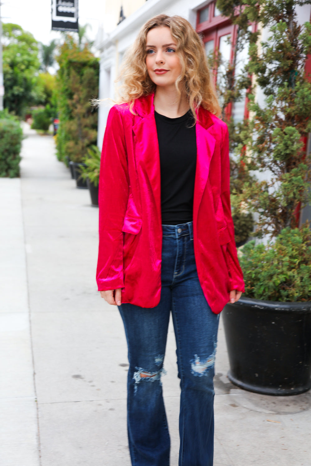 Elegant Magenta Velvet Blazer for Women - Stylish Lapel Jacket for Office, Parties & Special Occasions