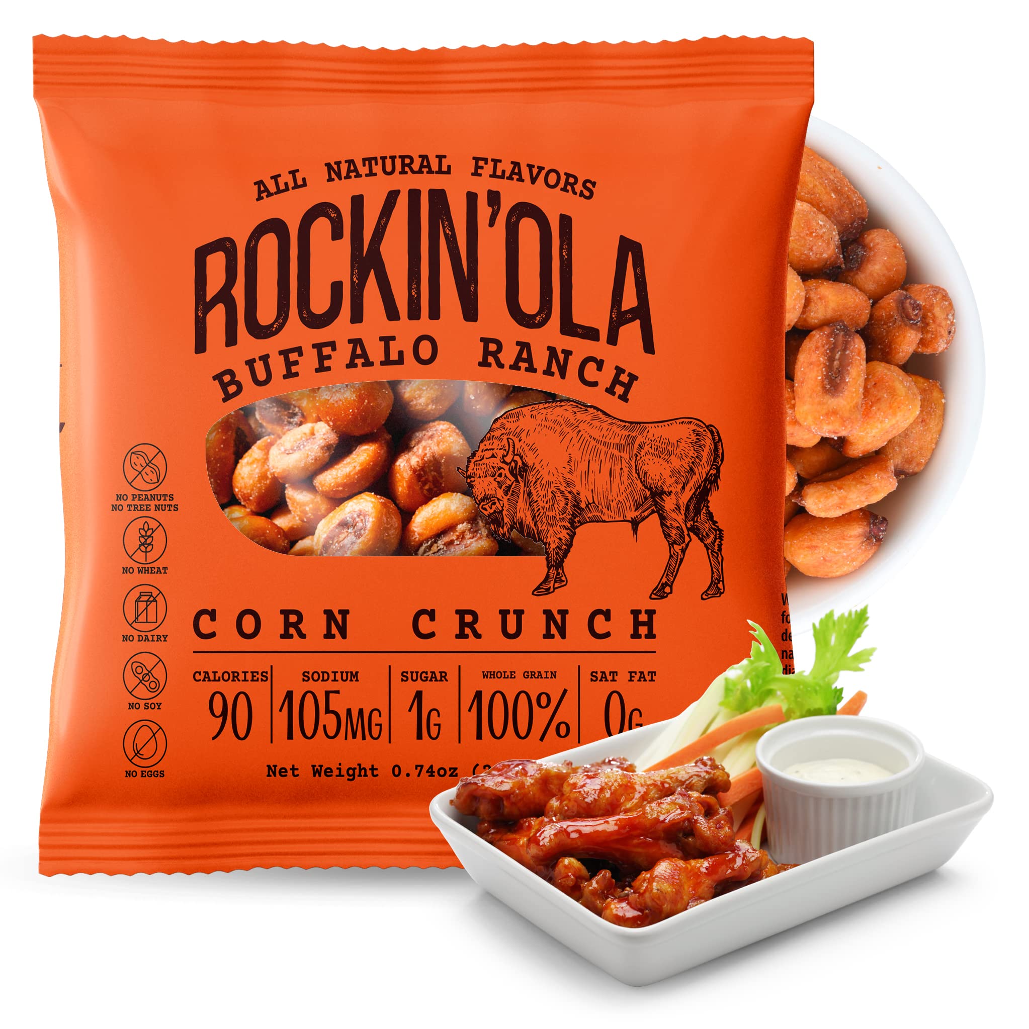 Rockin'Ola Crunchy Whole Corn Kernels Snacks - All Natural, Allergen Free, Buffalo Ranch Flavor (25 Pack) | Perfect for School Lunches, Office Snacks & On-the-Go Healthy Munching