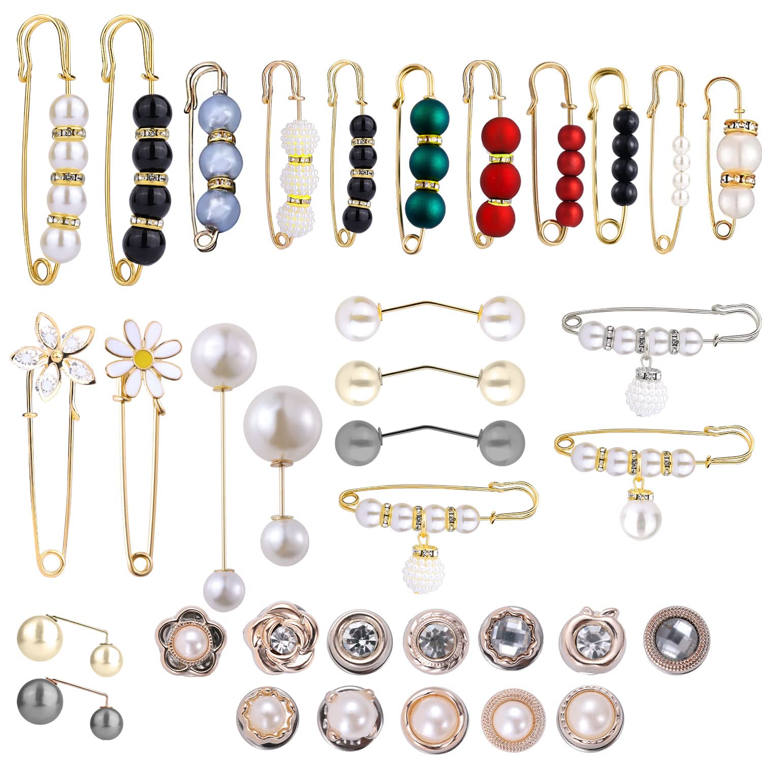 35pcs Faux Pearl Brooch Pins - Rhinestone Fashion Accessories for Women's Clothing & Shawls