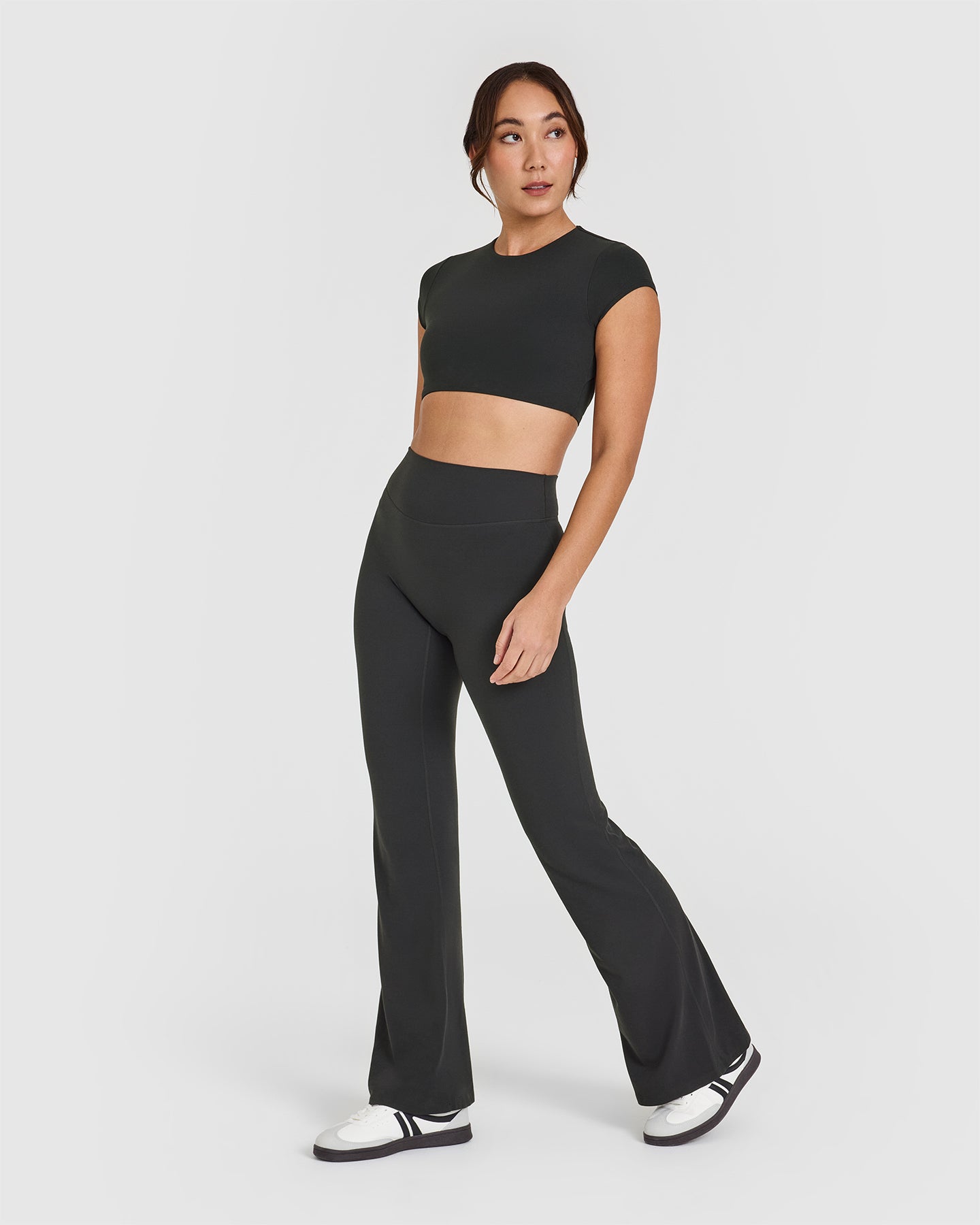 SoftMotion™ Short Sleeve Crop Top - Soft Black Women's Fashion T-Shirt | Yoga, Workout, Casual Wear