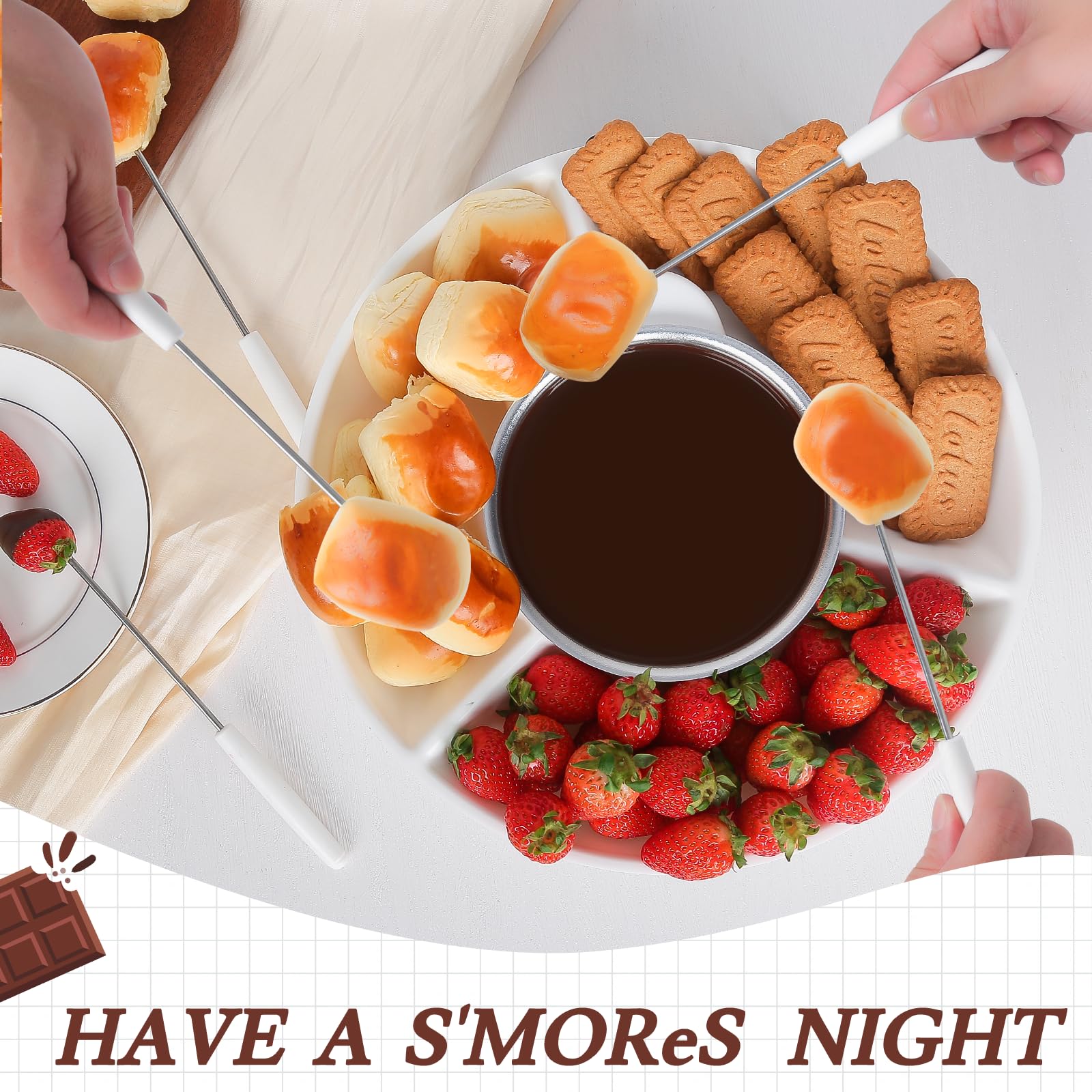 Stainless Steel Electric Fondue Pot Set with 4 Forks - Chocolate & Cheese Melting Pot for Parties, Butter Warmer with Serving Tray - Perfect for Valentine's Day, Family Gatherings & Dinner Parties