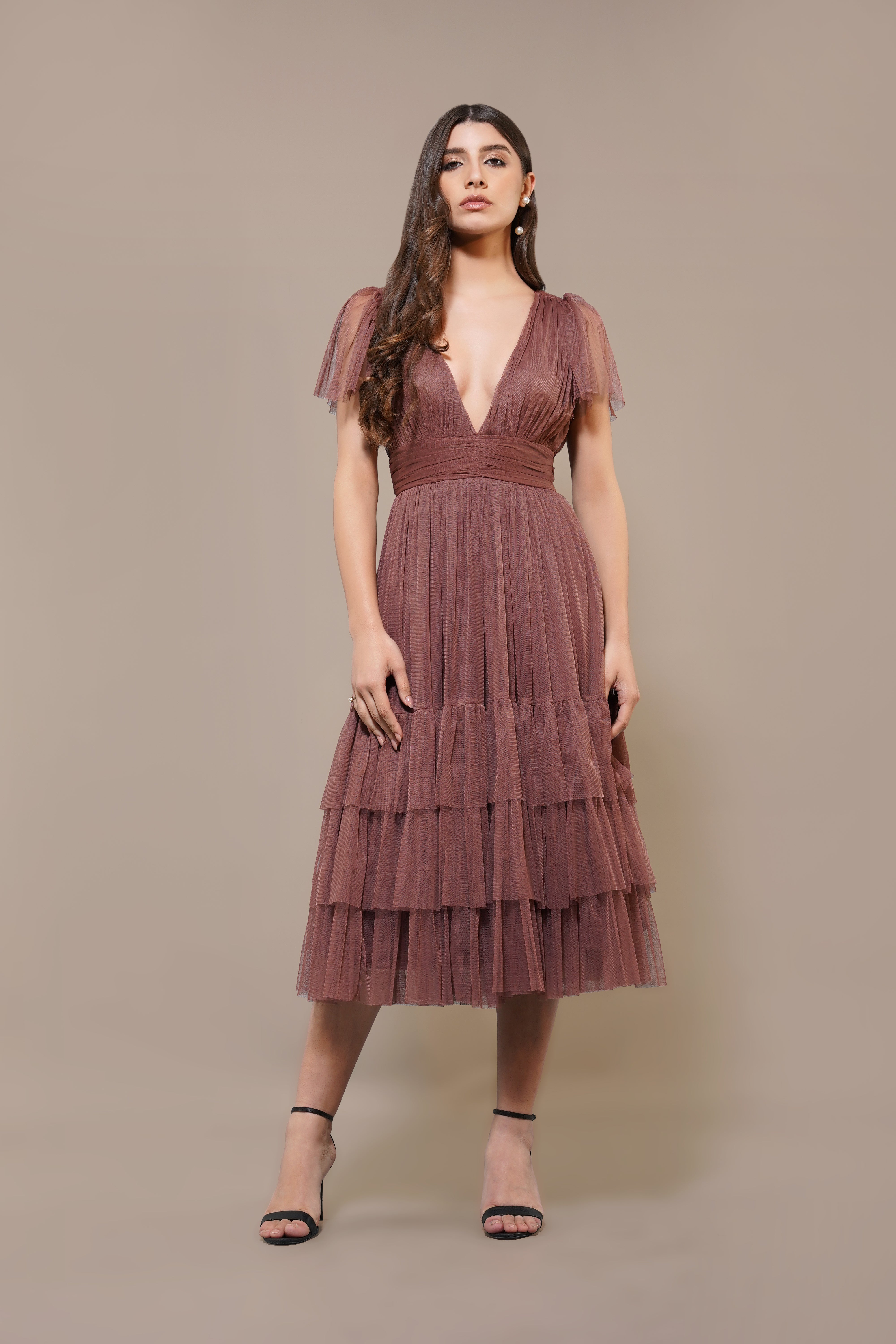 Madison Rose Brown Tulle Bridesmaid Midi Dress - Elegant Tea-Length Formal Gown for Weddings, Prom & Special Occasions