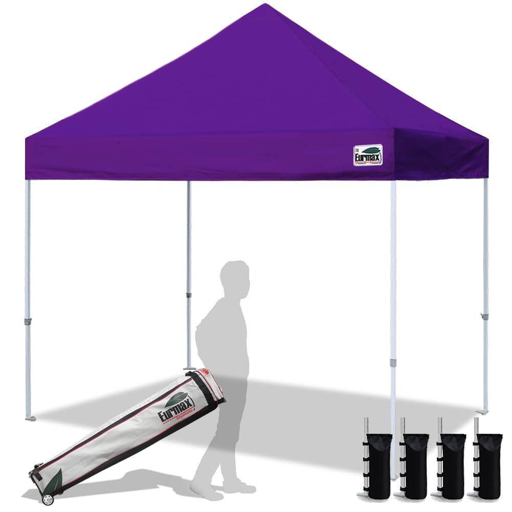 Eurmax USA 8'x8' Commercial Pop Up Canopy Tent - Heavy Duty Instant Shelter with Roller Carry Bag & 4 Sand Weight Bags (Purple) - Perfect for Outdoor Events, Farmers Markets, Beach Parties and Camping