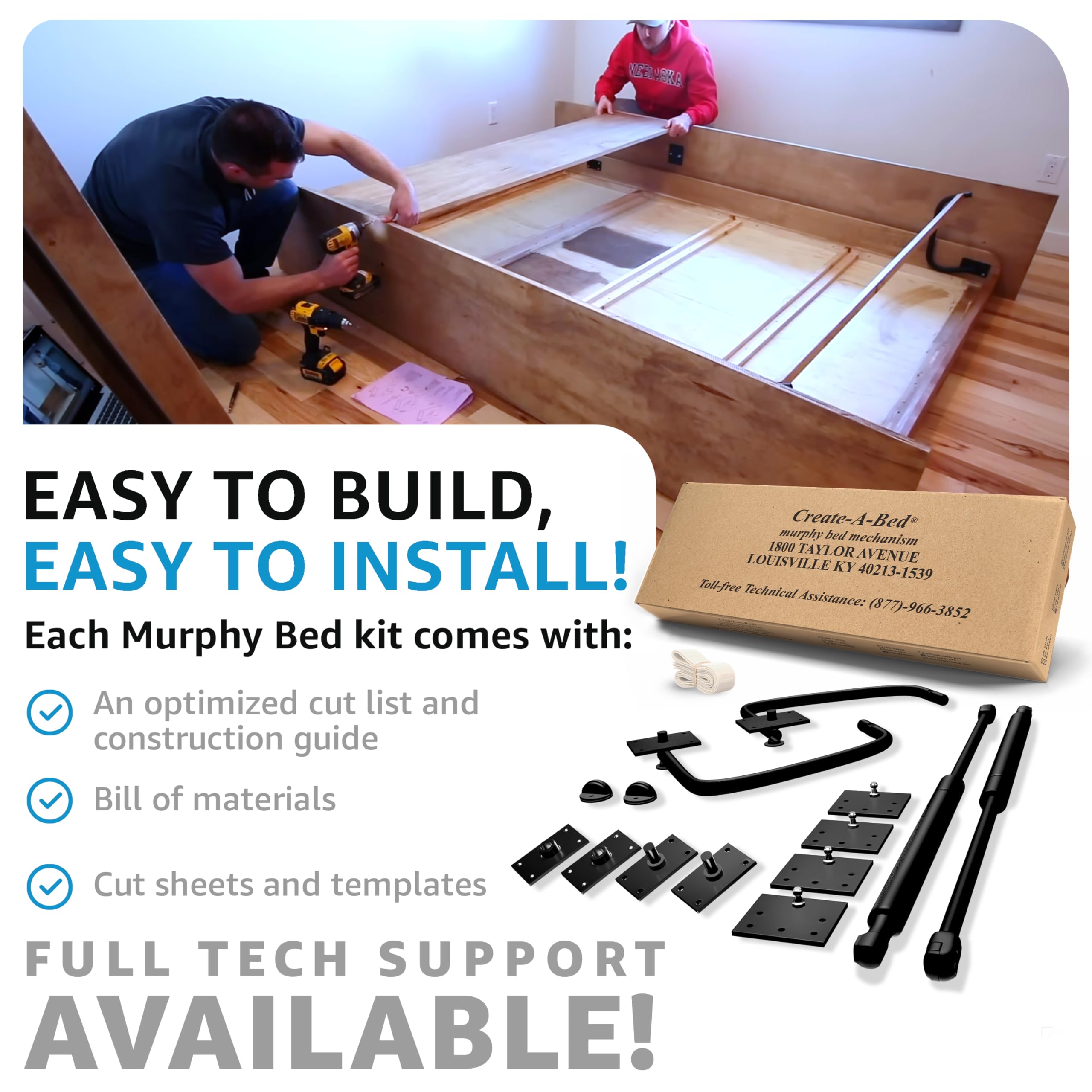 Create-A-Bed Queen Size Deluxe Murphy Bed Kit - Horizontal Wall Mount Folding Bed for Space Saving in Small Apartments & Guest Rooms