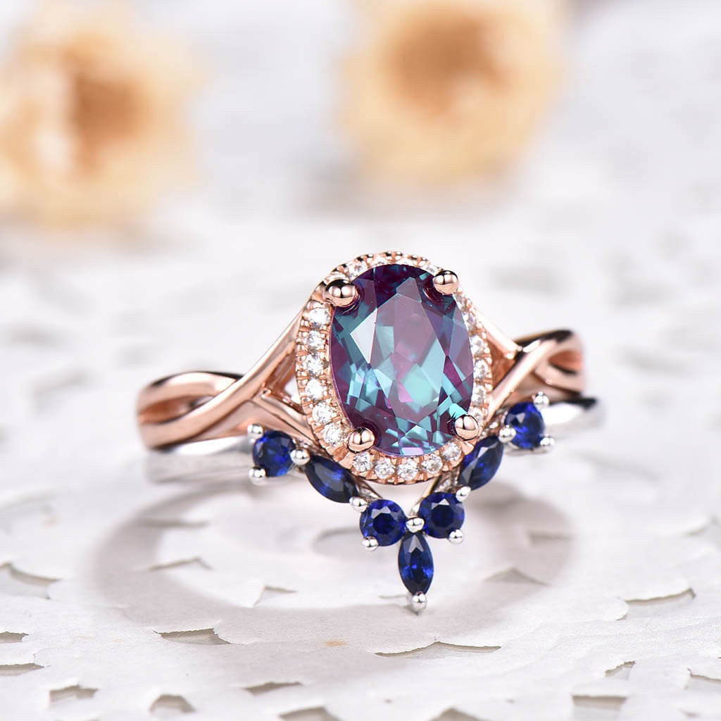 Infinity Alexandrite Engagement Ring Set with Lab Sapphire & Curved Matching Band - 2 Piece Wedding Jewelry Set for Brides, Anniversaries & Special Occasions