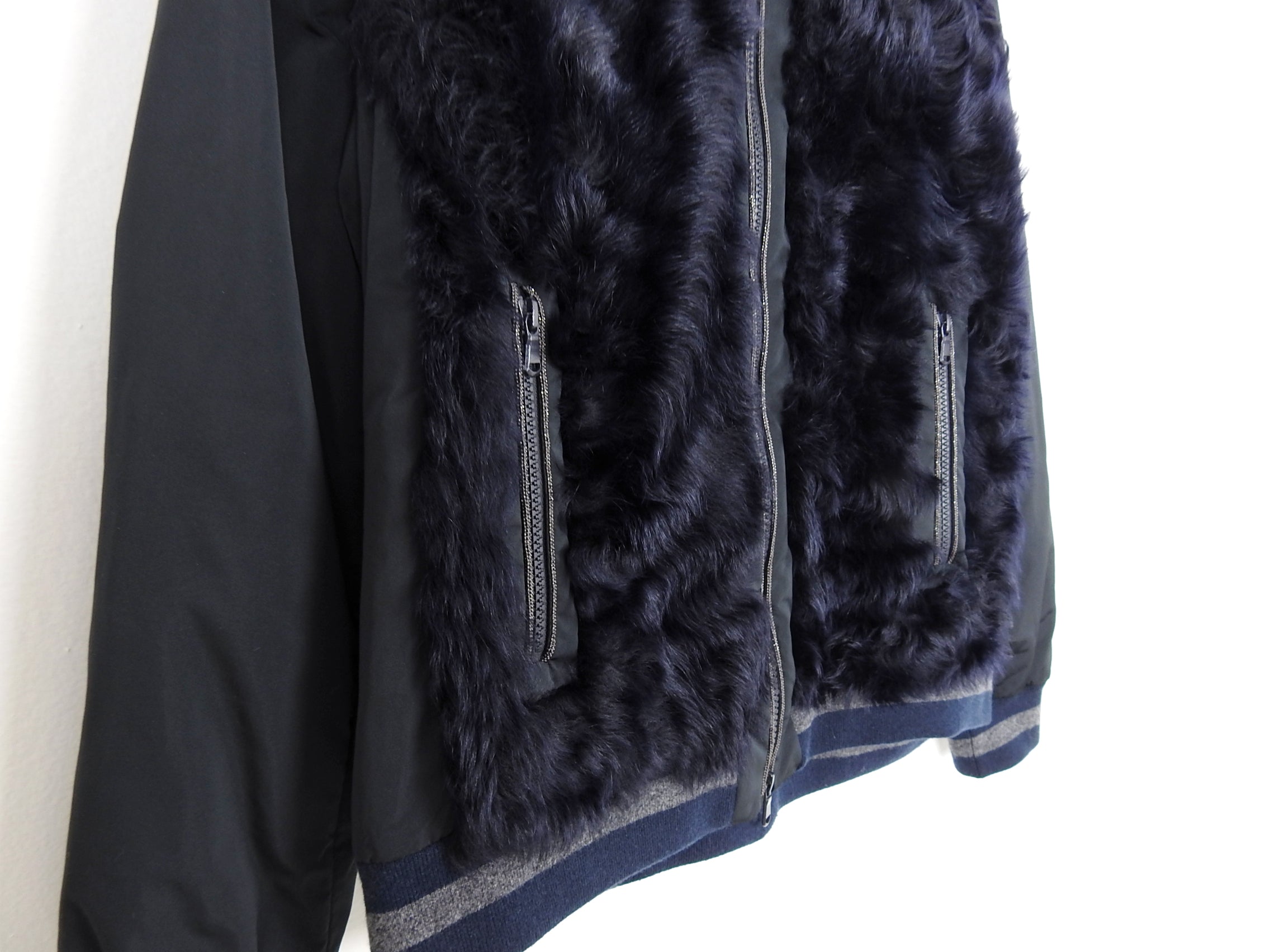 Brunello Cucinelli Navy Blue Curly Lamb Fur Bomber Jacket for Men - Luxury Winter Coat for Cold Weather, Fashion Outerwear for Casual & Formal Occasions