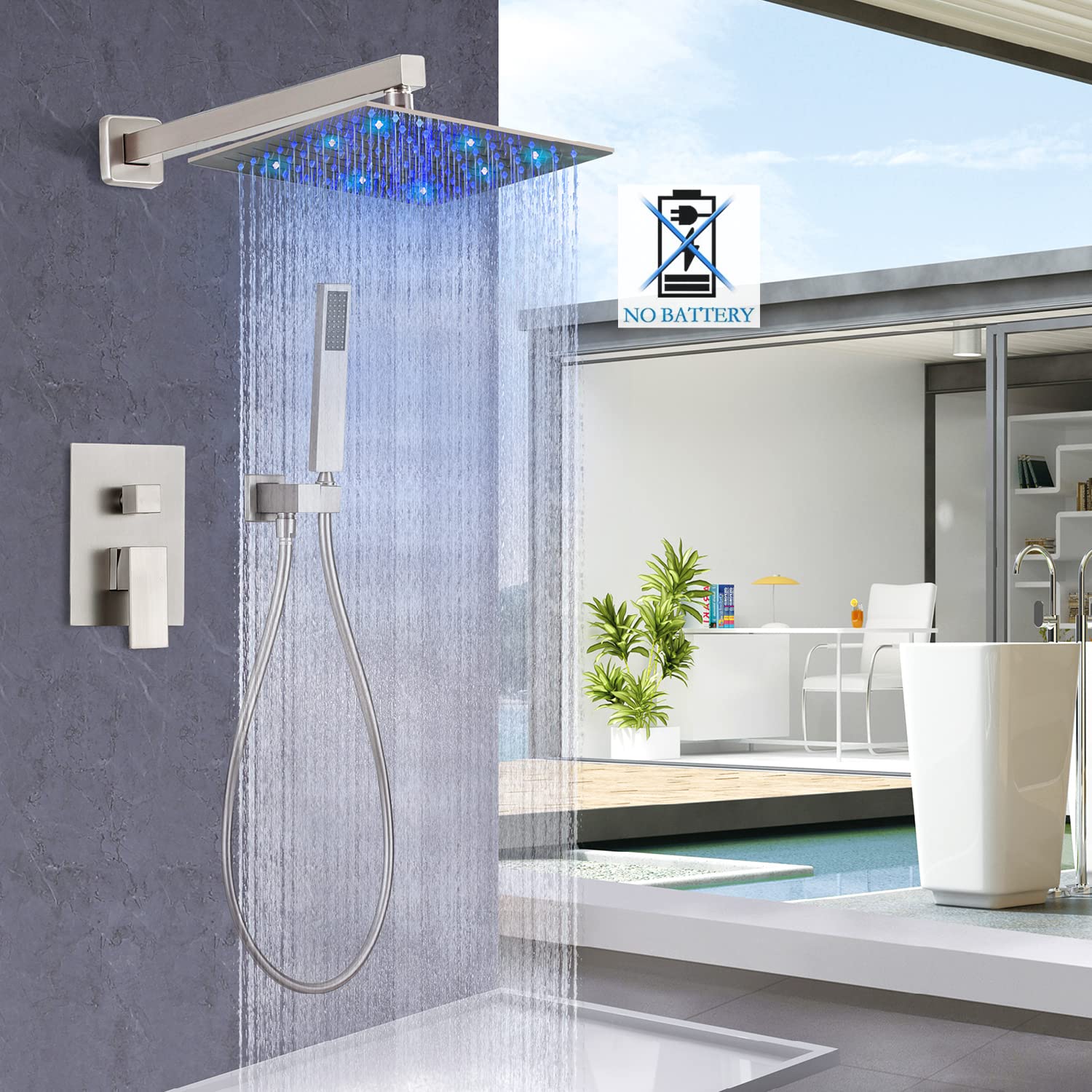 LED Shower Faucet Set - 10 Inch Wall Mounted Rain Shower Head with High Flow Hand Shower, Brushed Nickel Finish - Complete Shower System with Rough-in Valve & Trim Kit - Perfect for Modern Bathrooms & Spa-Like Shower Experience