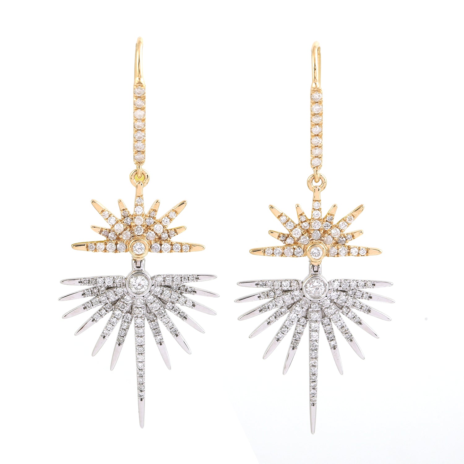 18K Yellow & White Gold Micro Pave Natural Diamond Starburst Dangle Earrings for Women - Elegant Party & Wedding Jewelry Gift