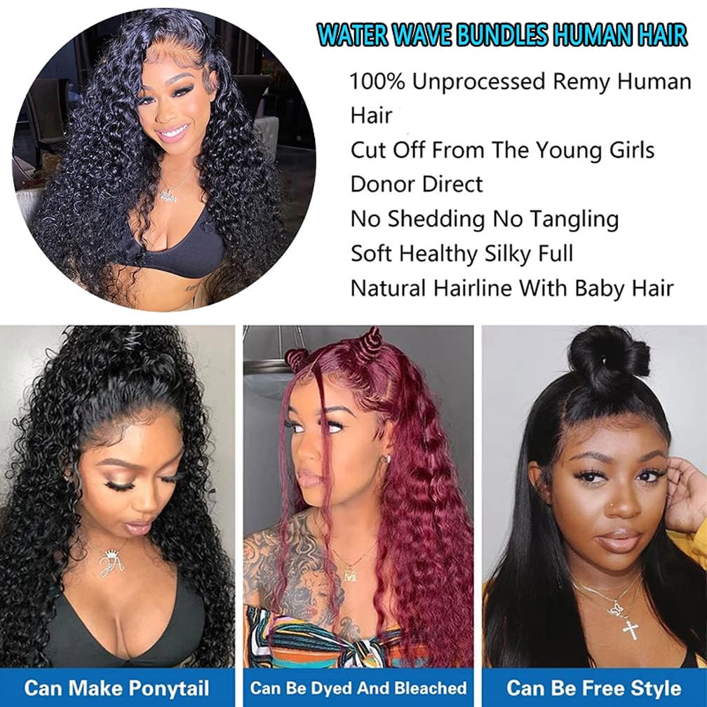 Borchan 4 Bundles Water Wave Human Hair Extensions with 4x4 Lace Closure - 14 16 18 20+12 Inch Wet & Wavy Curly Bundles (Pre-Plucked Baby Hair, Natural Black) for Women's Styling, Party & Daily Wear