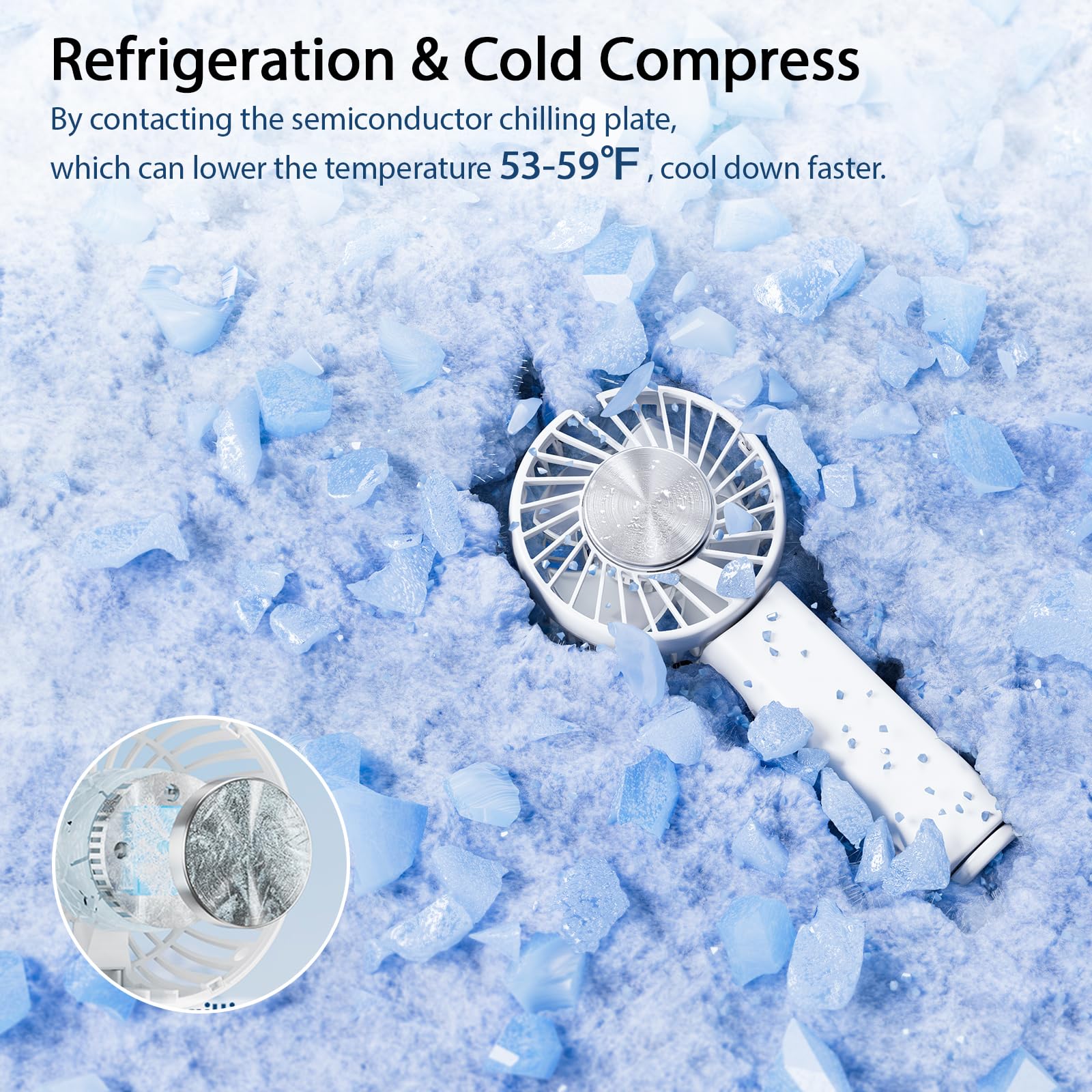 5000mAh Rechargeable Handheld Cooling Fan - Portable Mini AC Fan with Foldable Design, Ice Cooling Technology for Men Women & Kids - Perfect for Beach Travel, Outdoor Activities, Camping and Office Use (White)