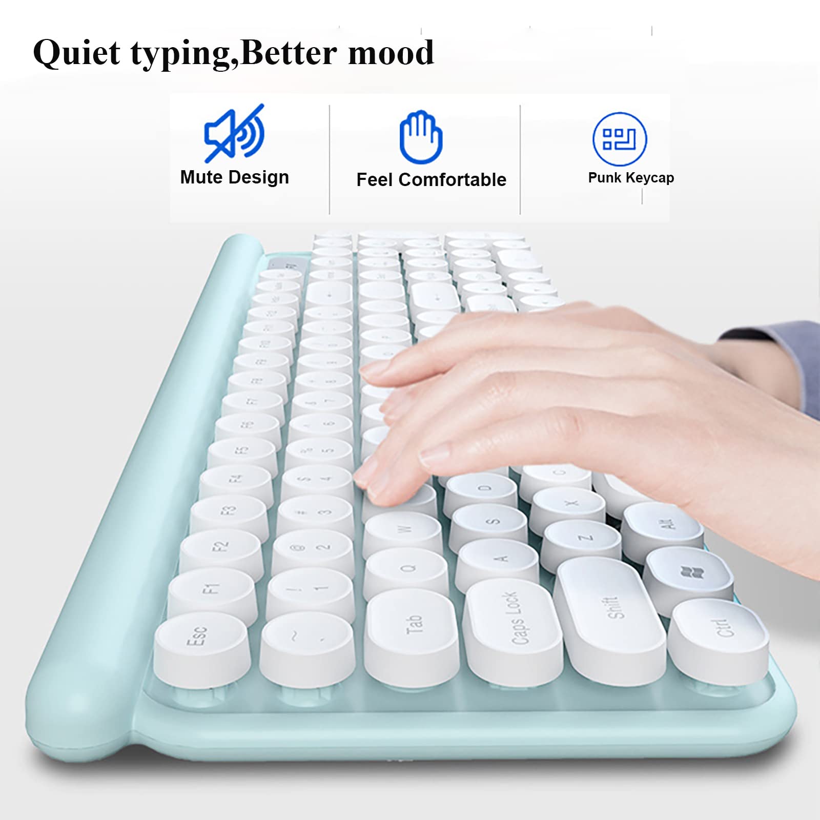 Wireless Keyboard and Mouse Combo - 2.4G Ultra Thin Ergonomic Cordless Keyboard with USB Optical Mouse for PC, Laptop, Notebook - Punk Style Light Green - Perfect for Office Work, Gaming & Home Computing