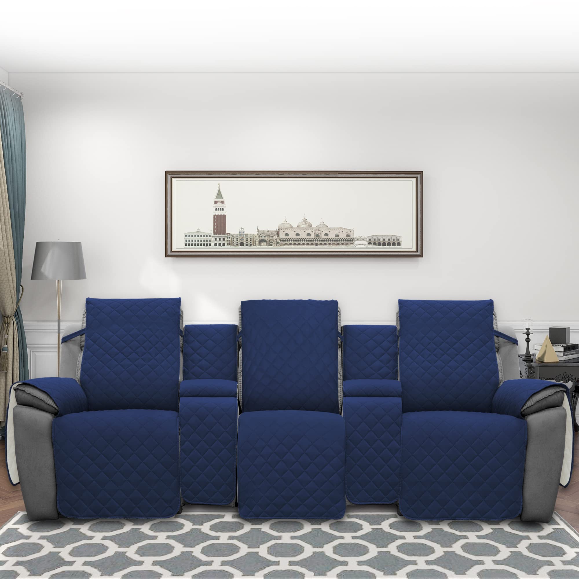 Reversible 3-Seater Recliner Sofa Cover with Console - Split Design for Individual Seats, Elastic Straps for Secure Fit - Navy/Ivory - Perfect for Living Room, Kids, Dogs & Pets - Protect Furniture from Stains & Wear