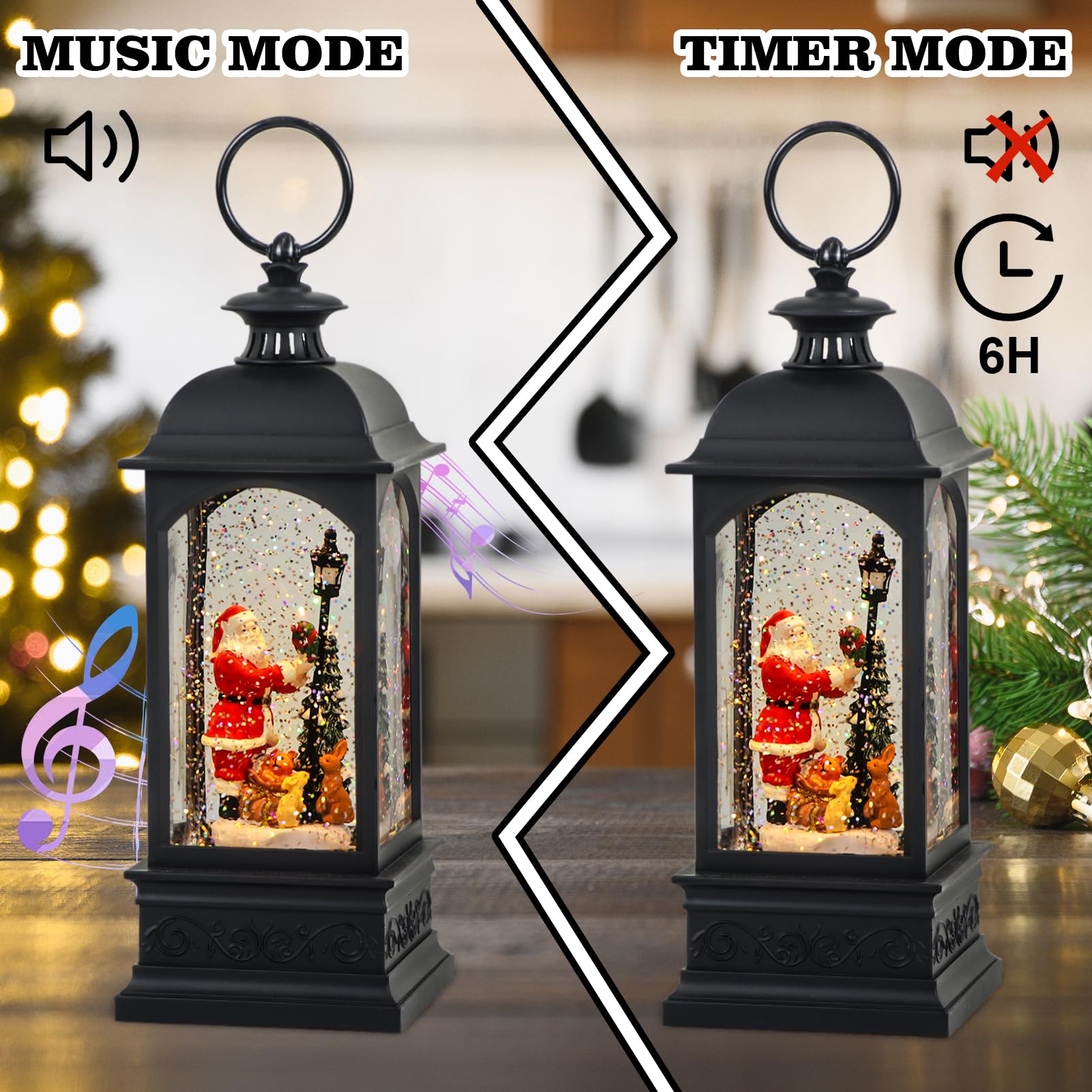 Eldnacele Santa Music Snow Globe Lantern - 6 Hour Timer, Battery & USB Powered, Singing Lighted Christmas Decoration with Swirling Water & Glitter | Perfect for Holiday Home Decor, Gift Giving & Festive Party Ambiance