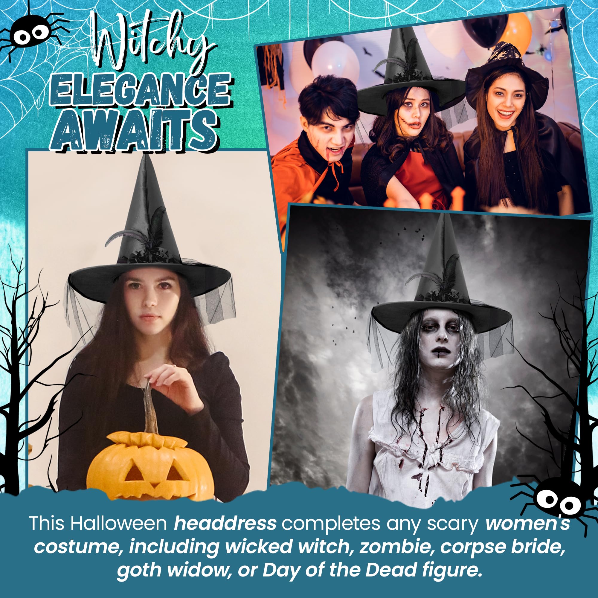 Halloween Witch Hat for Women - Black Witch Hat with Feathers & Lace Veil | Witch Costume Accessories for Women & Girls | Perfect for Halloween Parties, Cosplay & Witch-Themed Events