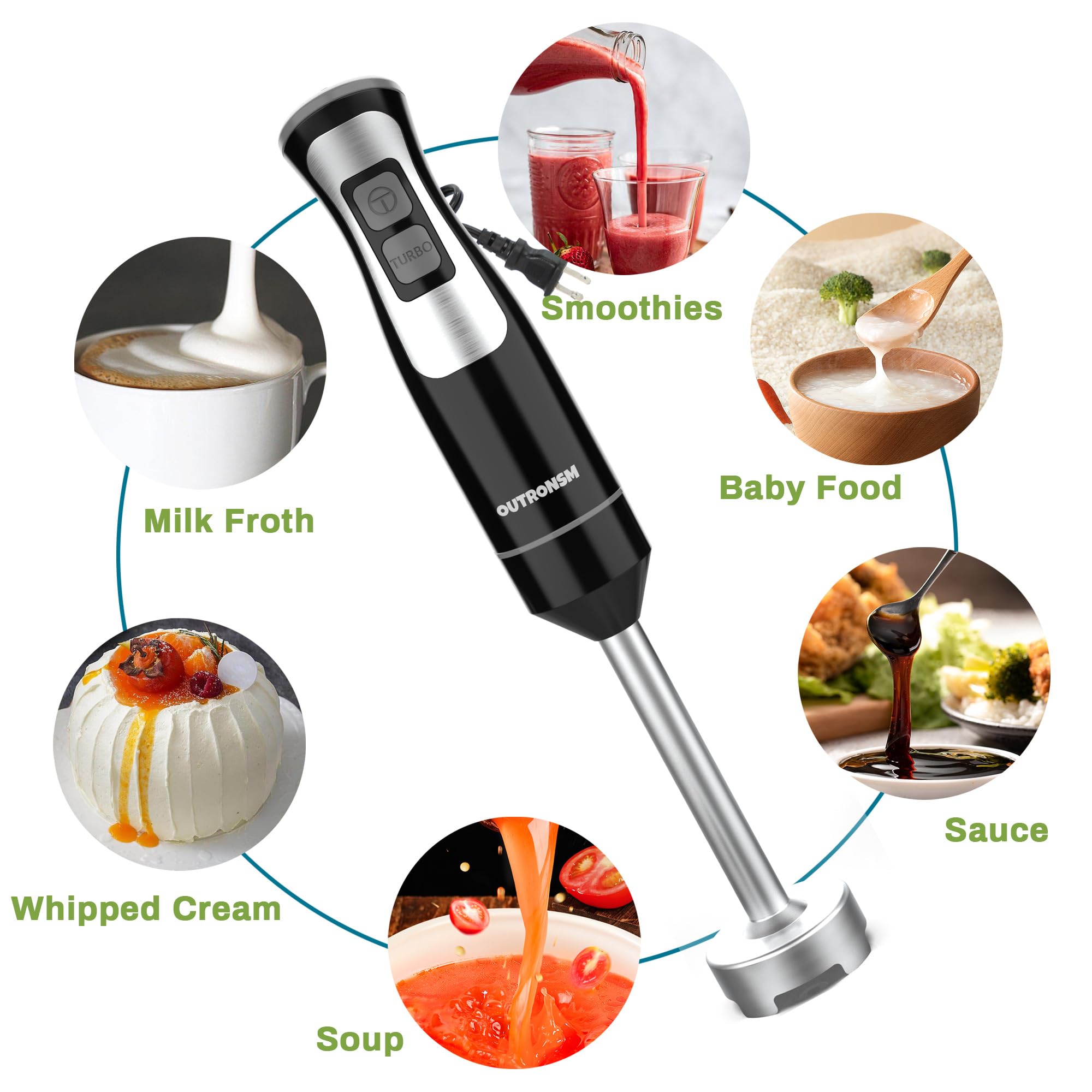 OUTRONSM 4-Speed Immersion Hand Blender with Stainless Steel Blades - Includes Milk Frother & Egg Whisk for Smoothies, Baby Food, Soups & Coffee - Perfect for Kitchen, Baby Care & Coffee Making (Black)