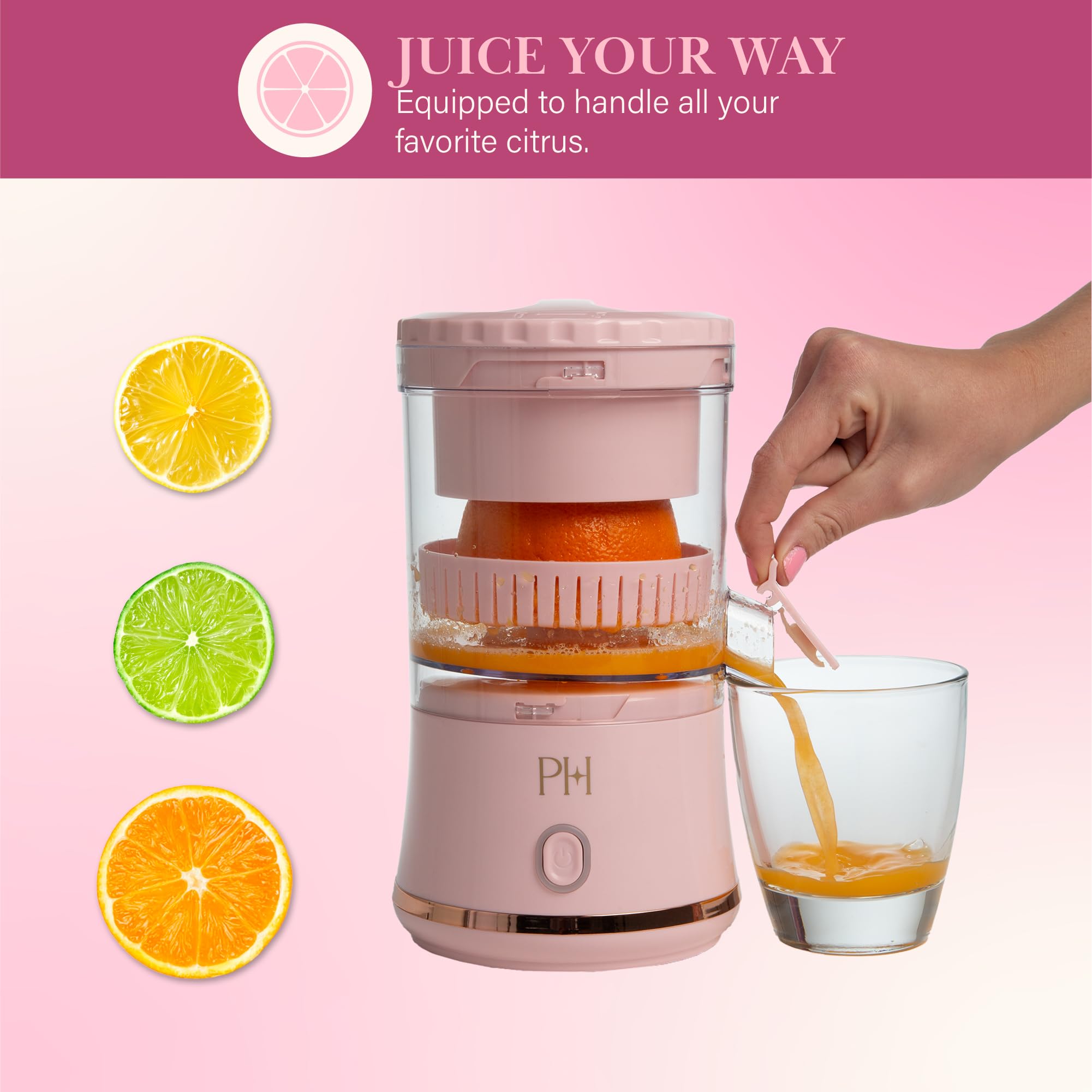 Paris Hilton Electric Citrus Juicer - Mini Portable USB Rechargeable Cordless Juicer with One-Touch Button for Lemon, Lime & Orange - Compact Pink Juicer for Kitchen, Office & Travel
