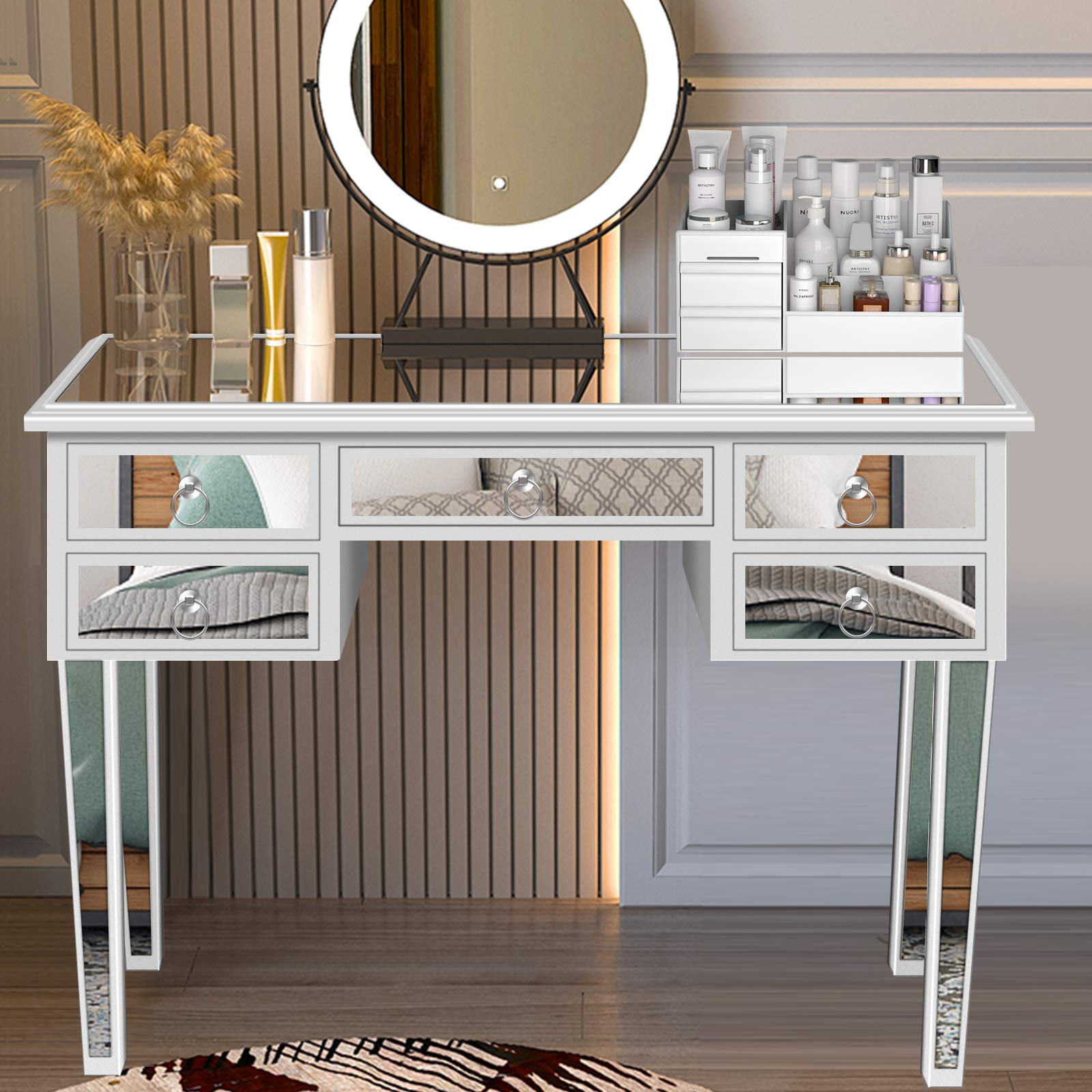 Binrrio Silver Mirrored Vanity Table with 5 Drawers for Bedroom & Entryway