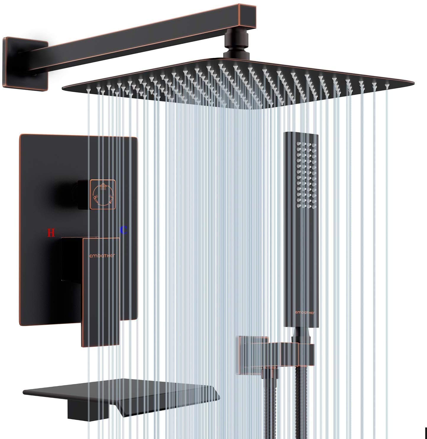 EMBATHER 12-Inch Oil Rubbed Bronze Shower System with Tub Spout - High Pressure Rainfall Showerhead & Handheld Spray - Complete Bathroom Faucet Set with Valve & Trim Kit for Luxurious Spa Experience at Home