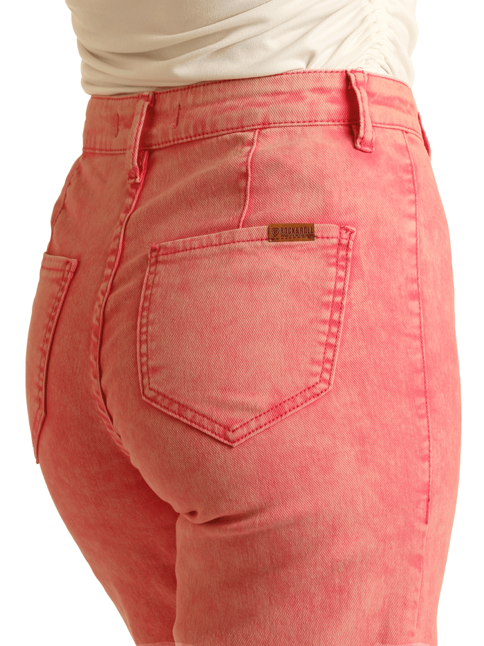 Rock & Roll Denim BW8PD03586 Women's High Rise Distressed Flare Jeans in Pink - Perfect for Casual Outings, Concerts & Vintage Style Looks