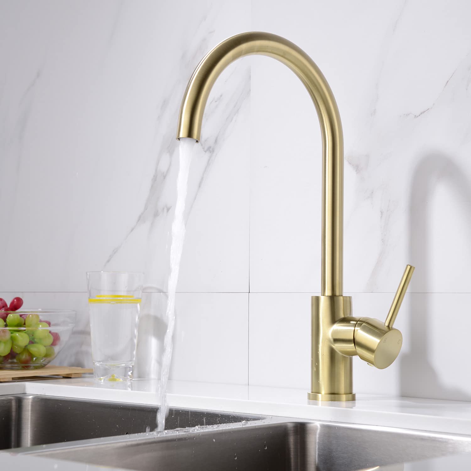 TRUSTMI Solid Brass Kitchen Faucet - Single Handle 1 Hole 360° Swivel Gooseneck Bar Sink Mixer Tap in Brushed Gold | Perfect for Modern Kitchens, Bars & Restaurant Prep Areas