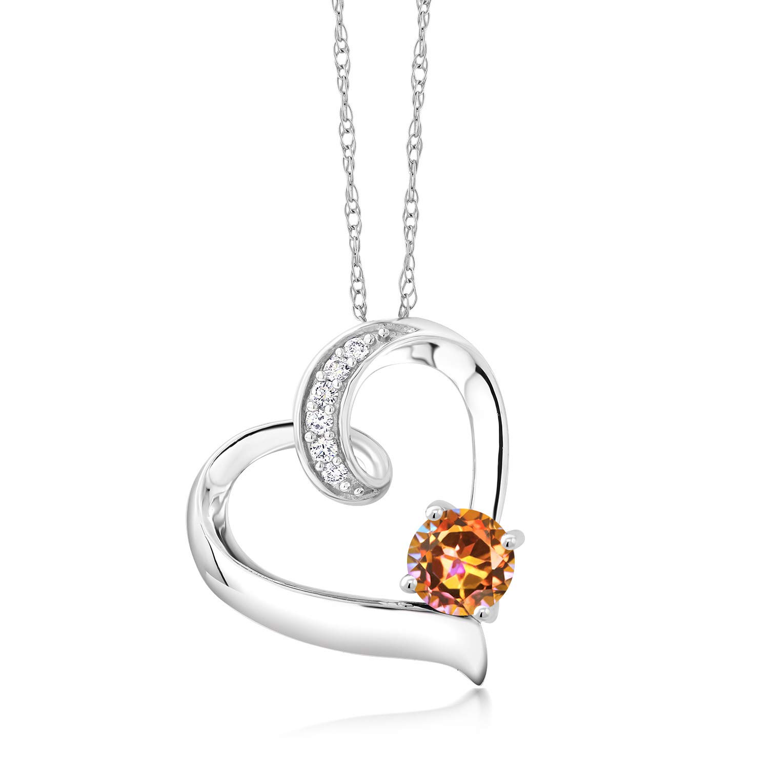 10K White Gold 5MM Round Birthstone & Lab-Grown Diamond Heart Pendant Necklace for Women | 18
