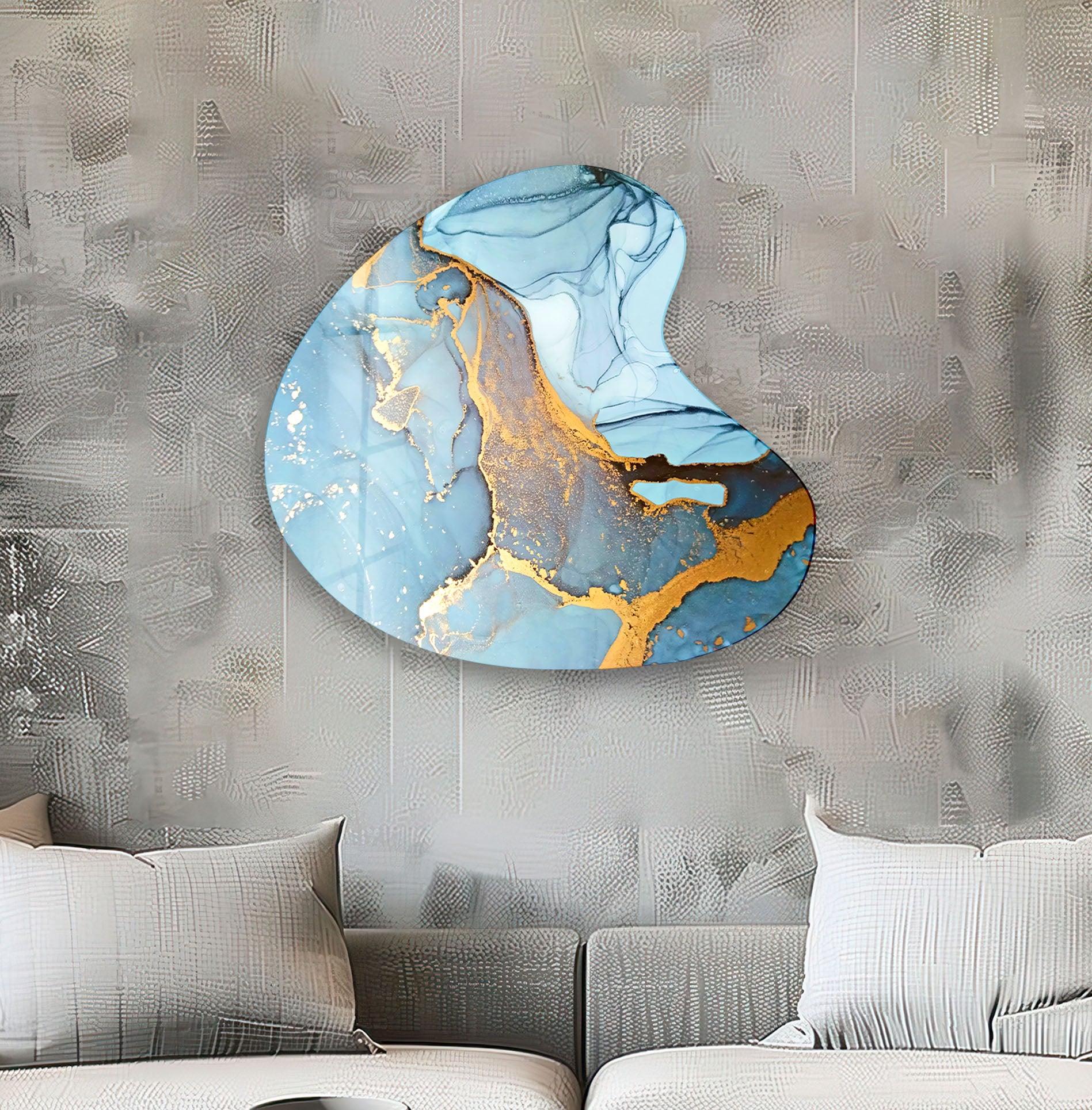 Blue Alcohol Ink Abstract Glass Wall Art - Handmade Irregular Modern Decor for Living Room, Bedroom & Office