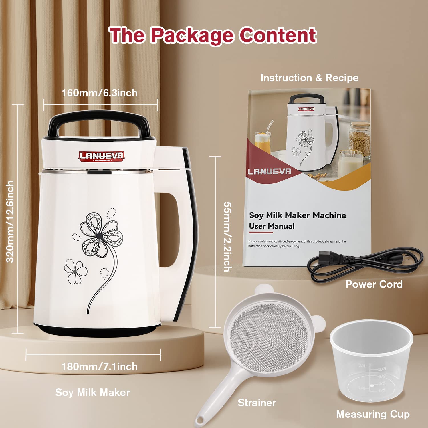 LANUEVA 1.3L/44OZ 8-in-1 Soy Milk Maker Machine for Almond, Oat, Vegan Nut Milk & Smoothies - Self-Cleaning with Recipe Book - Perfect for Healthy Breakfast & Homemade Plant-Based Drinks (110V)