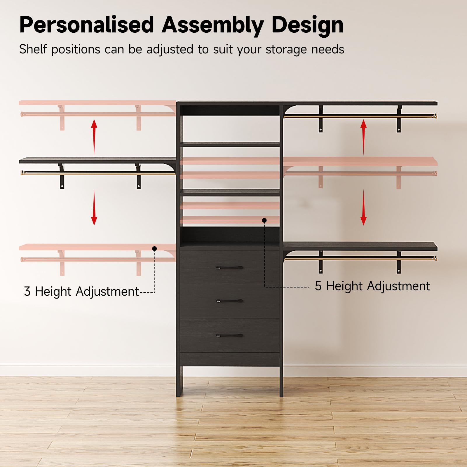 96 Inch Heavy Duty Walk-In Closet Organizer System - 8FT Closet with 3 Adjustable Shelves, 3 Hanging Rods & 3 Drawers - Built-In Garment Rack Supports 1000LBS (96