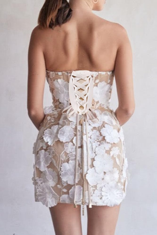 Floral Embroidered Short Wedding Dress for Bride | Strapless A-Line Formal Party Gown | Homecoming Prom Dress for Beach Weddings, Garden Parties & Cocktail Events