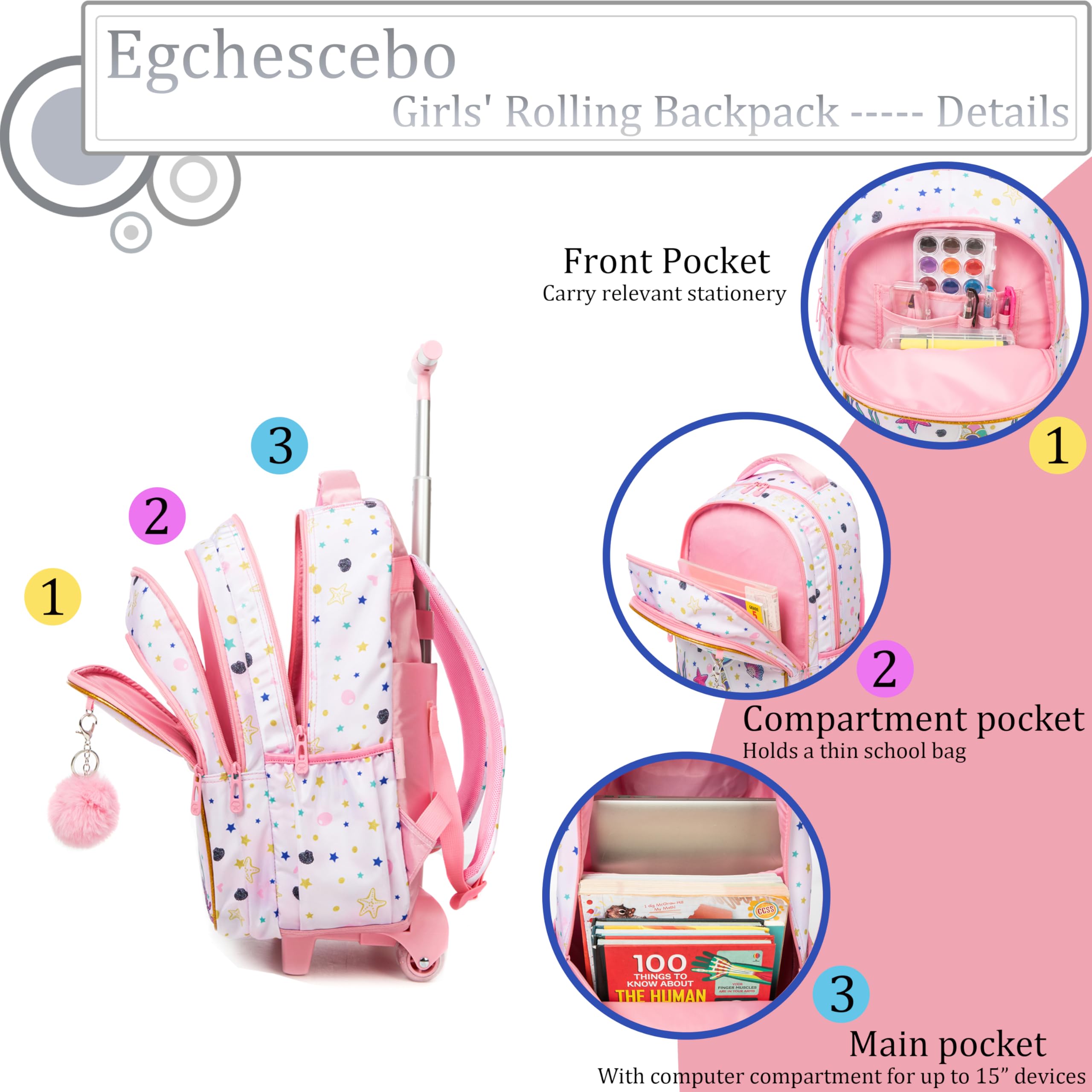 Egchescebo Mermaid Rolling Backpack for Girls - Pink Wheeled School Backpack with Lunch Box & Pencil Case, Multiple Compartment Travel Luggage for Elementary Students - Perfect for School, Travel, and Daily Use