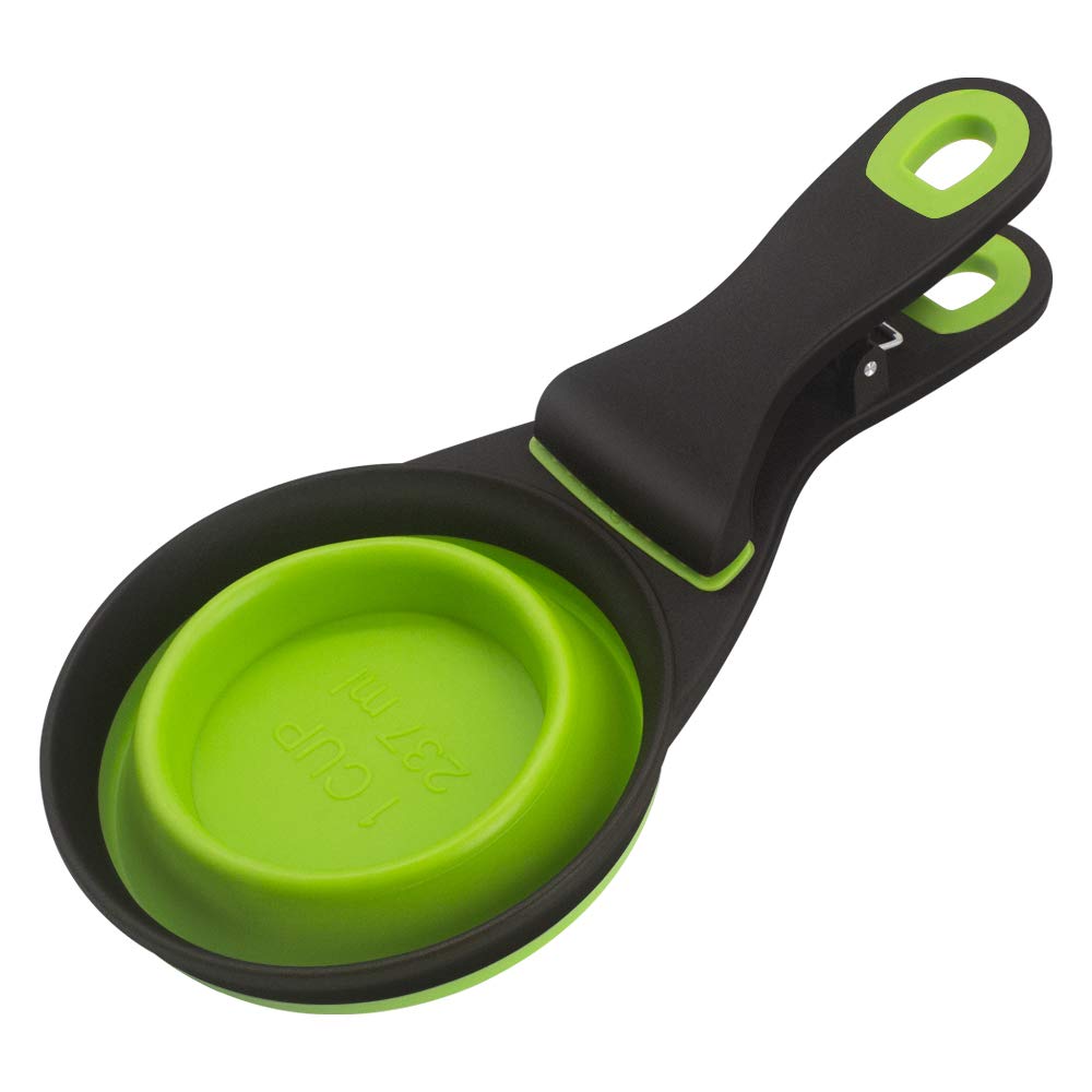 Buyter 3-in-1 TPE Pet Food Scoop with Folding Handle, Grain Bag Holder & Measuring Cup - Medium Size, Green - Perfect for Dog Food, Cat Food & Dry Pet Treats Storage