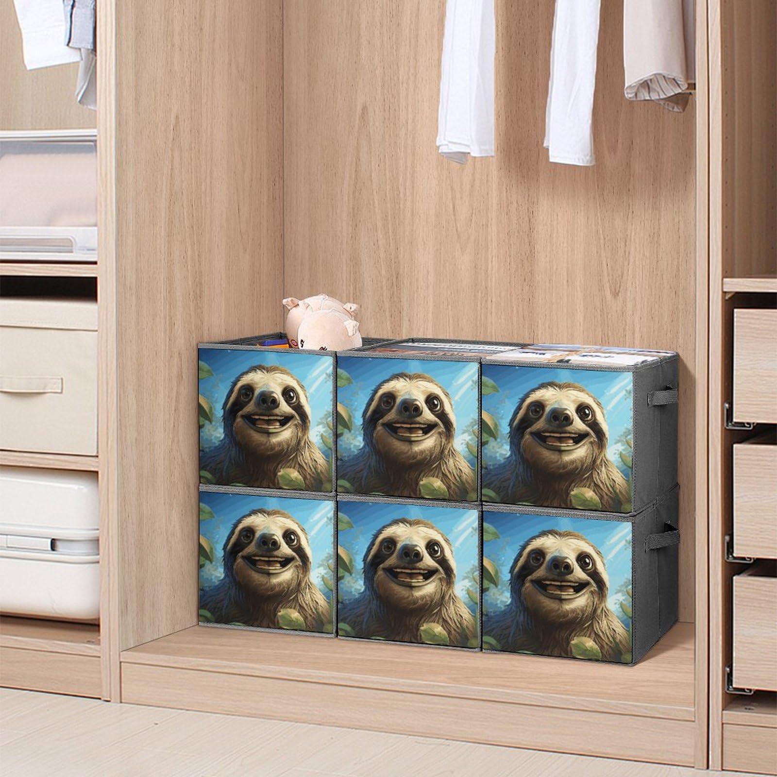 6PCS Collapsible Storage Bins with Handles - Funny Sloth Printed Organizers for Shelves & Home