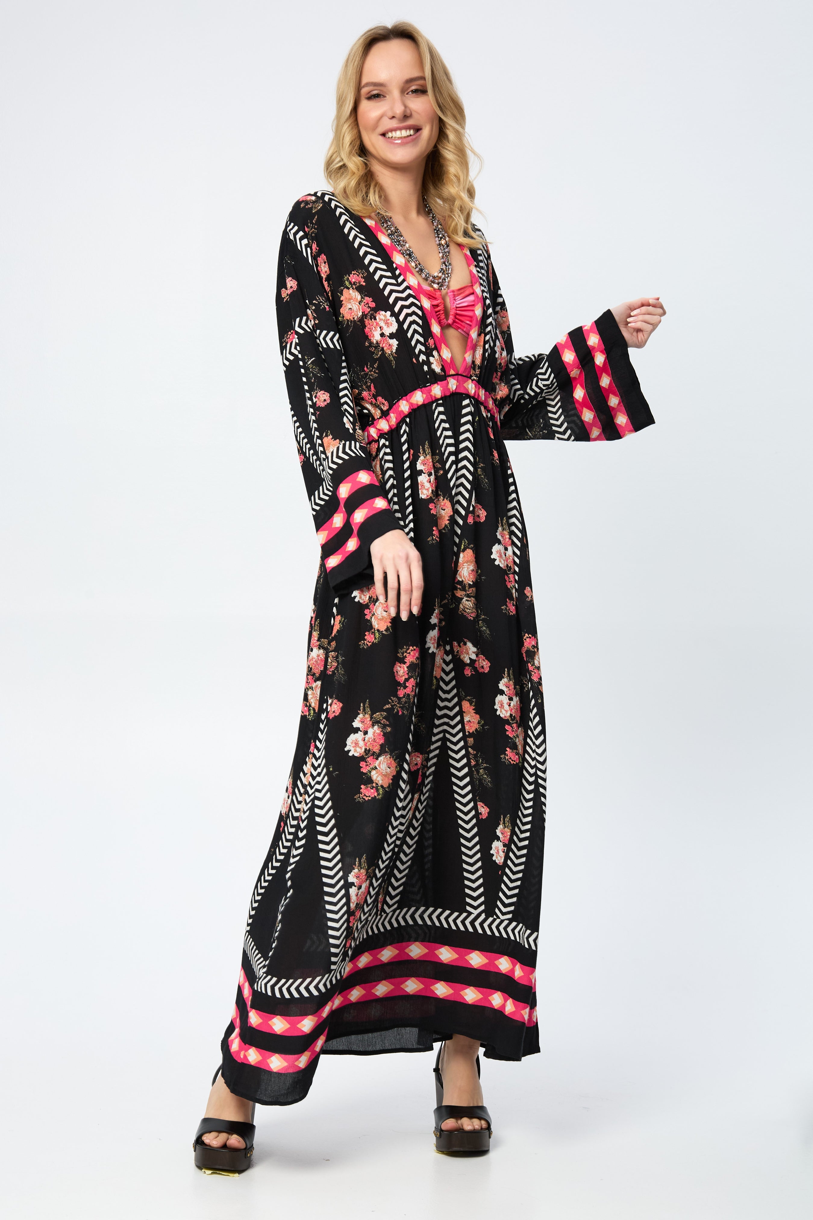 Aztec Floral Keyhole Kaftan Dress - Boho Chic Maxi Dress for Women - Perfect for Beach, Vacation & Summer Outfits