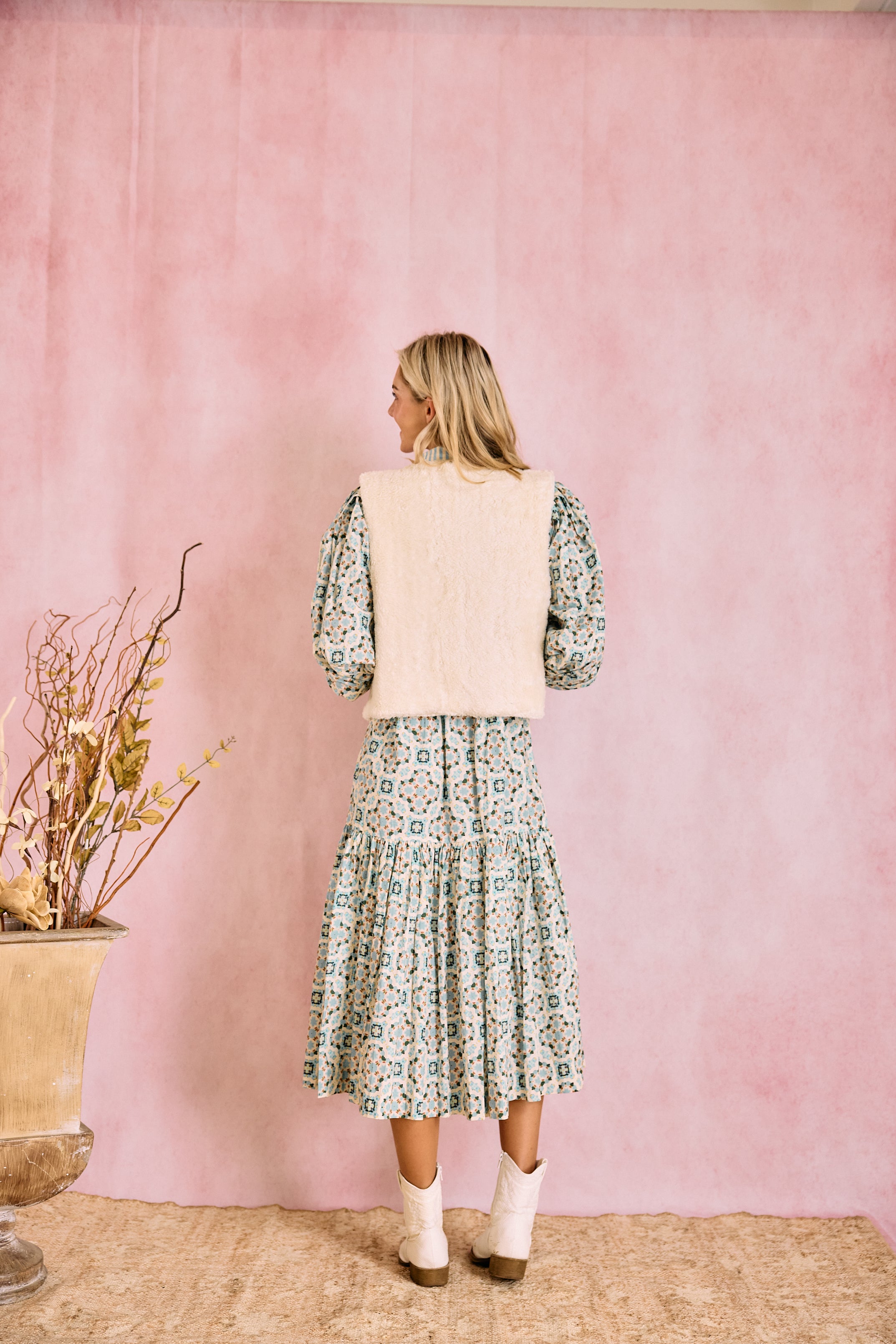 Laura Long Sleeve Quatrefoil Print Dress in Blue & Ivory - Elegant Office Wear & Casual Party Outfit