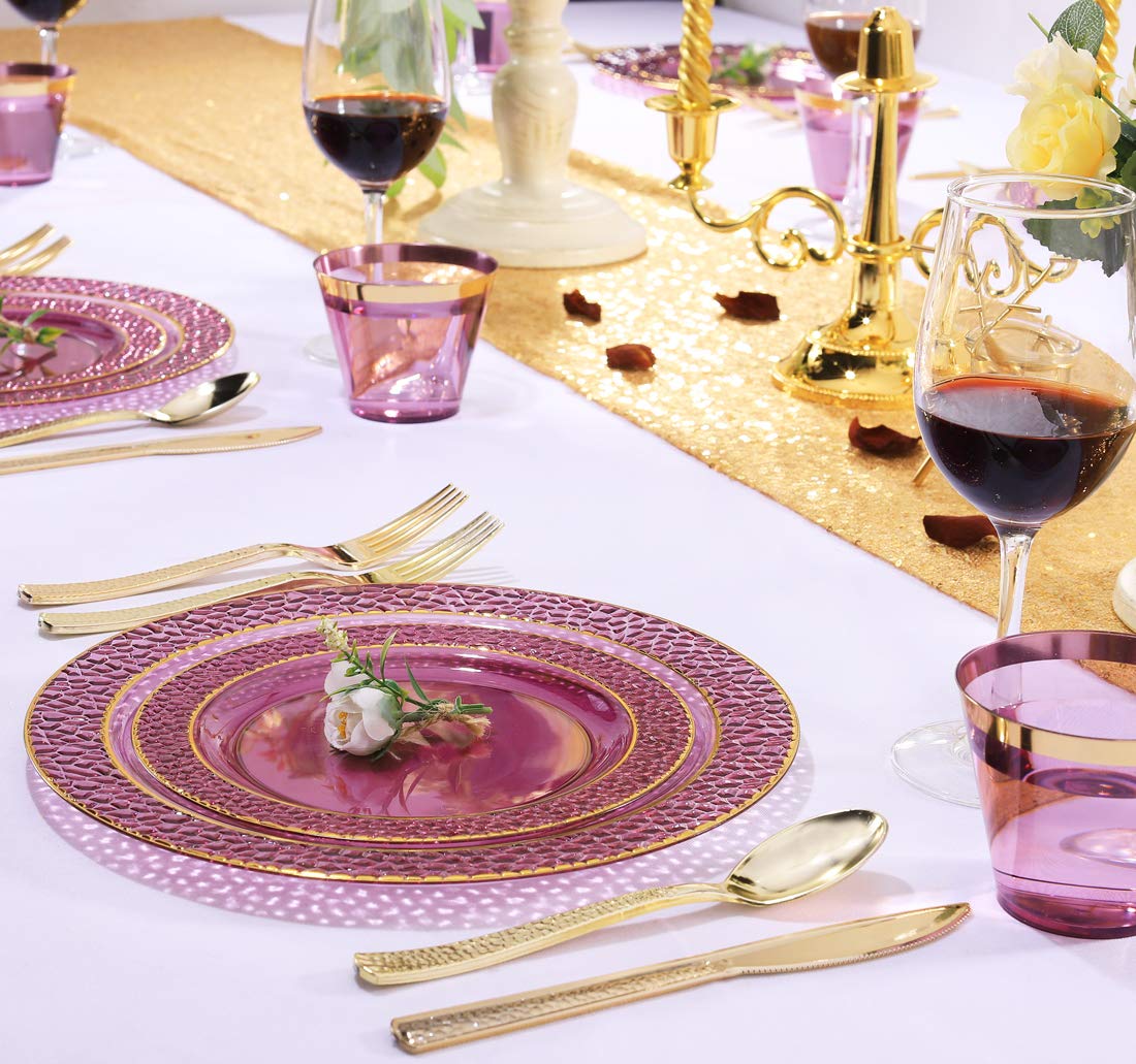 150-Piece Clear Purple & Gold Plastic Party Tableware Set - 25 Dinner Plates, 25 Dessert Plates, 25 Cups, 25 Forks, 25 Knives, 25 Spoons - Elegant Wedding, Birthday & Special Event Disposable Tableware for Easy Cleanup