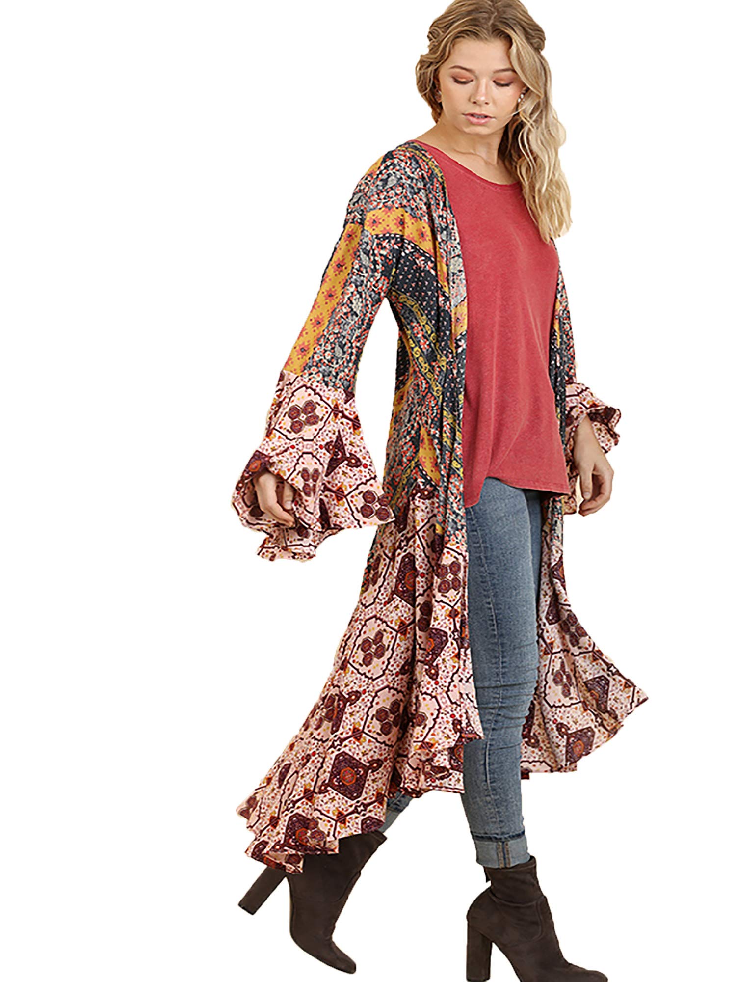 Umgee Women's Ruffled Long Kimono with Multicolored Print - Boho Chic Cover Up for Beach, Pool, or Summer Outfits