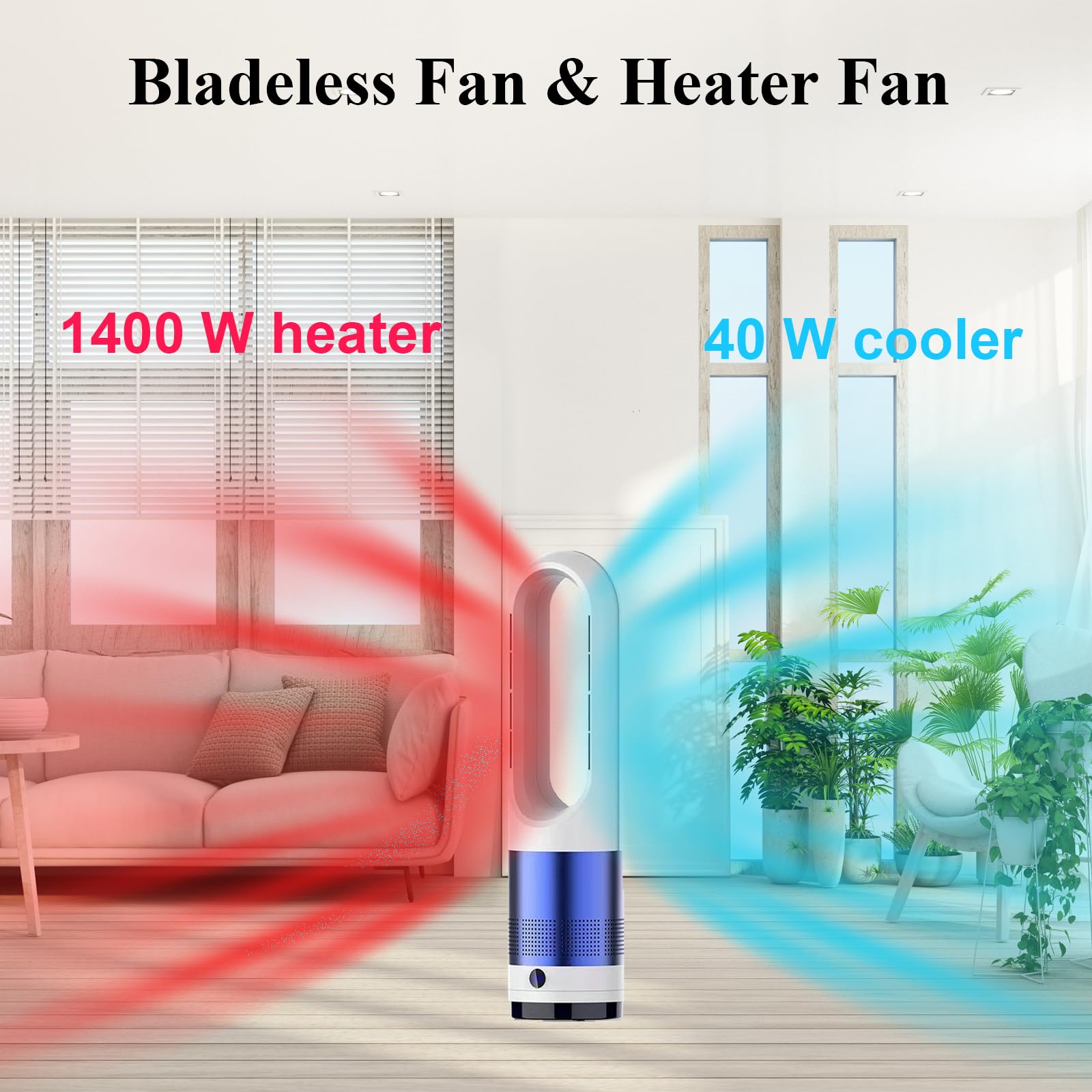 Bladeless Tower Fan & Heater Combo - 1400W Heater & 40W Cooling Fan with 80° Oscillation - Remote & Touch Control - Blue & White - Perfect for Office, Bedroom, Living Room - Year-Round Comfort for Home & Workspace