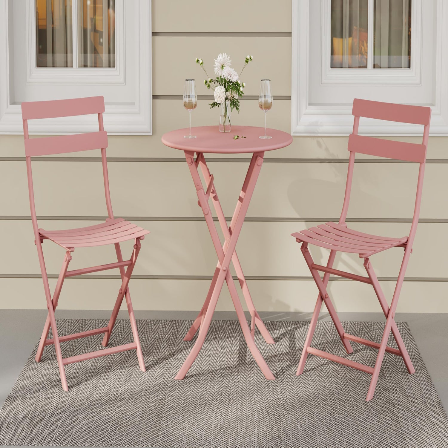 GARVEE 3-Piece Folding Patio Bistro Set with Round Table & 2 Chairs - Weather-Resistant, Space-Saving Outdoor Furniture with Premium Frame in Pink - Perfect for Small Balconies, Gardens, and Poolside Relaxation
