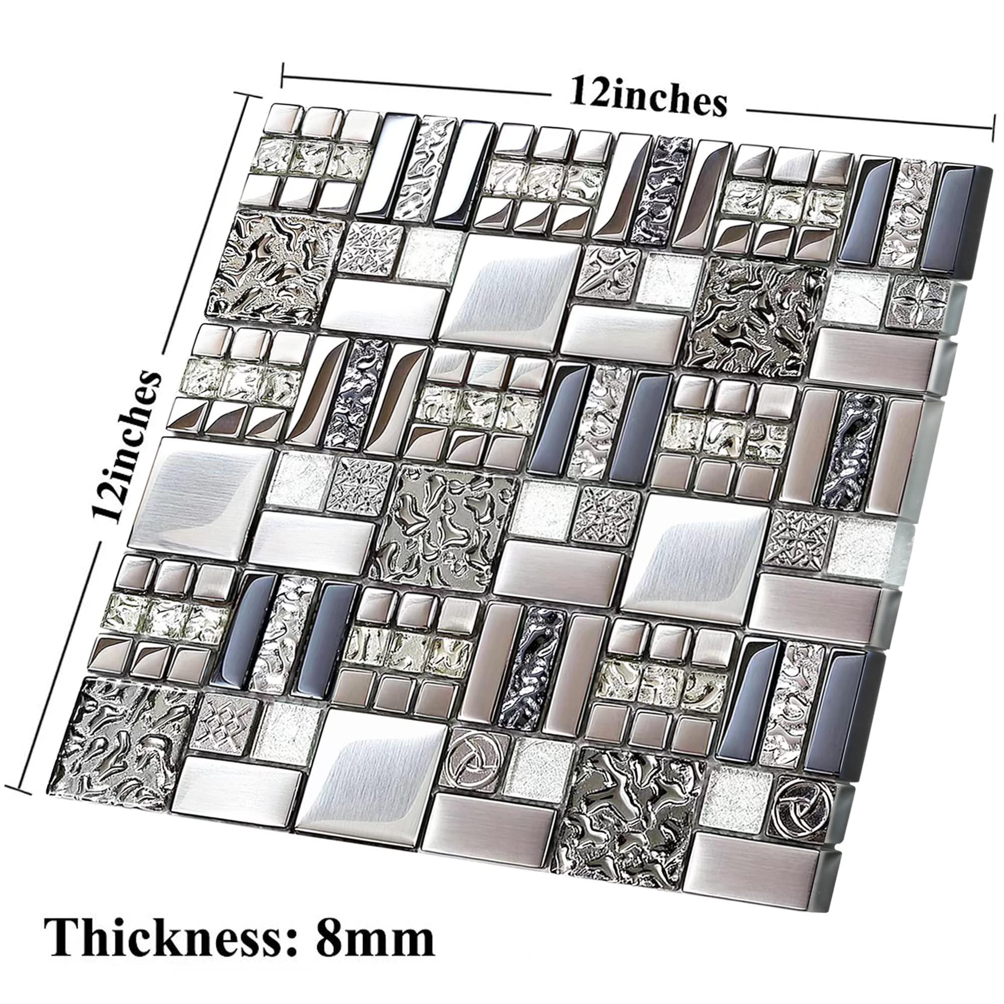 Blujellyfish Metallic Glass Mosaic Tiles Silver Gray - 100% Glass Waterproof Tile for Kitchen Backsplash, Bathroom Shower, Accent Wall Decor - TSTGT151 (5 Sq Ft) - Perfect for Modern Home & Commercial Spaces